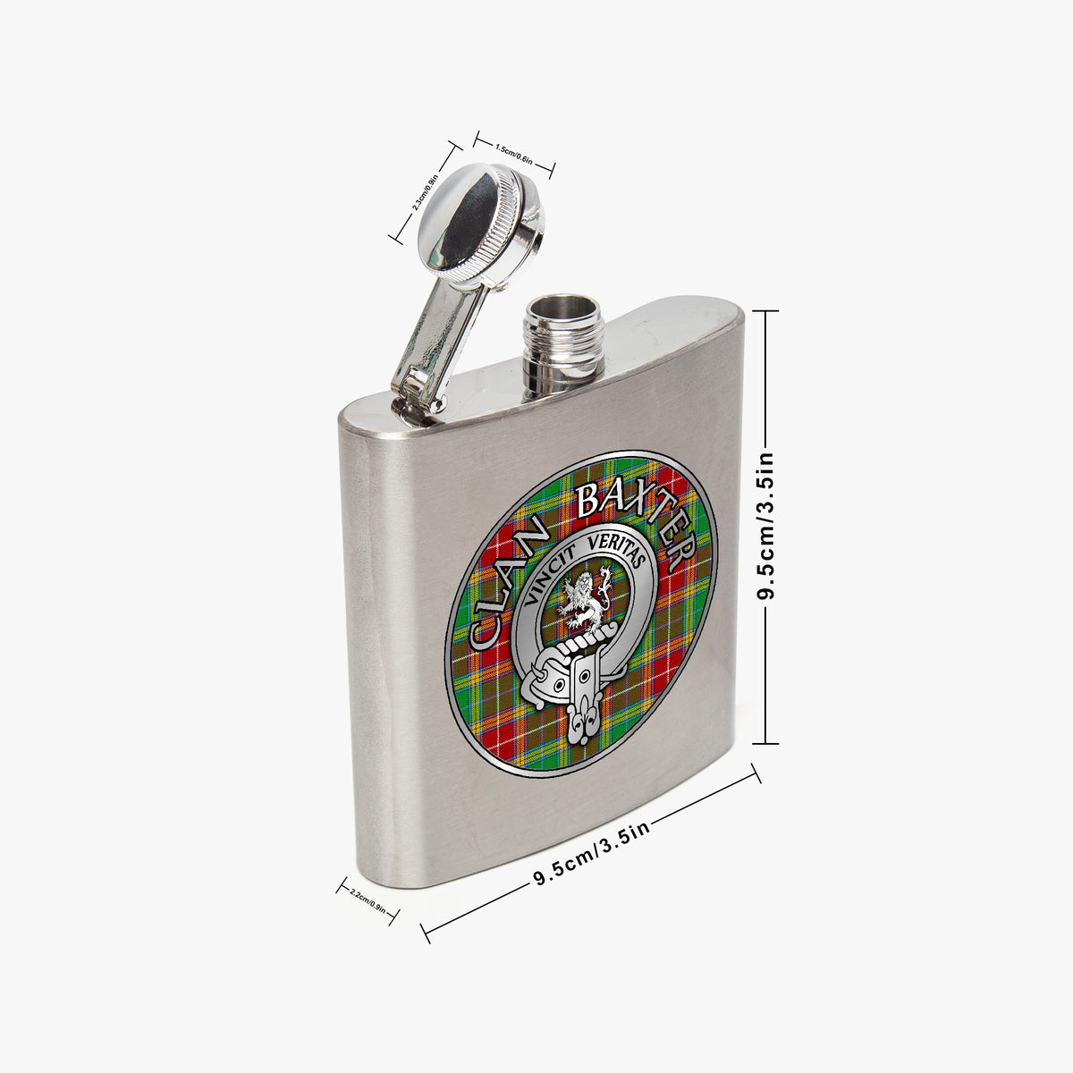 Clan Baxter Crest & Tartan 7oz Stainless Steel Hip Flask