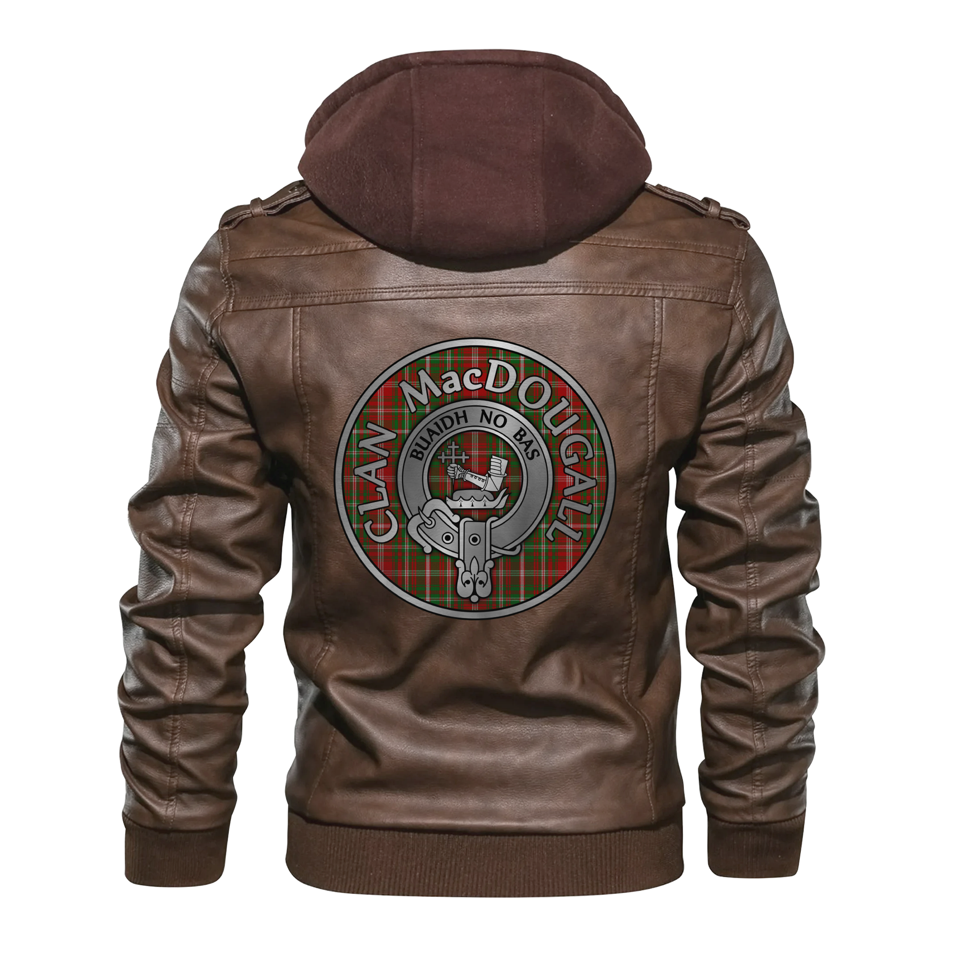 Clan MacDougall Crest & Tartan PU Leather Hooded Jacket