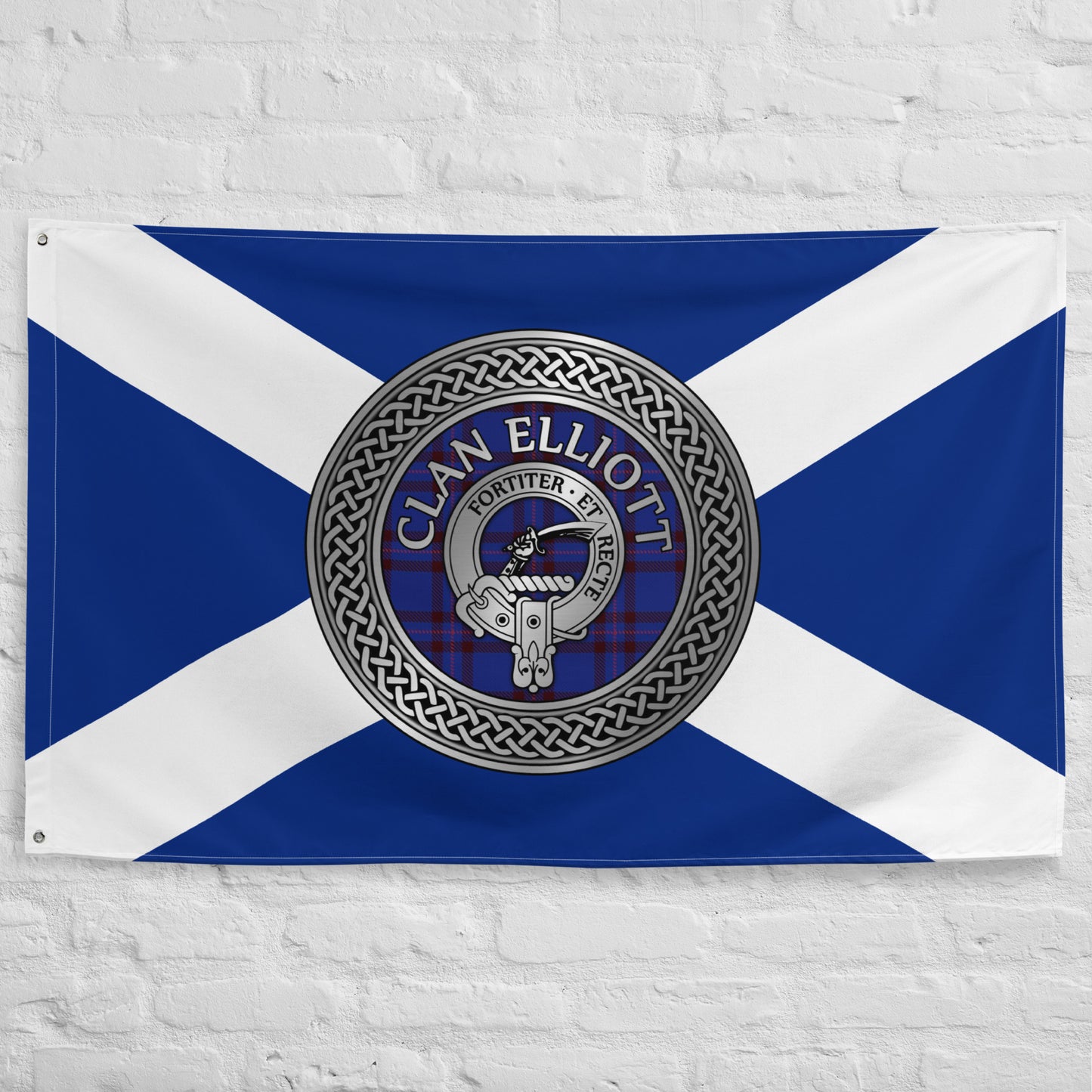 Clan Elliott Crest & (Blue | Red) Tartan Flag