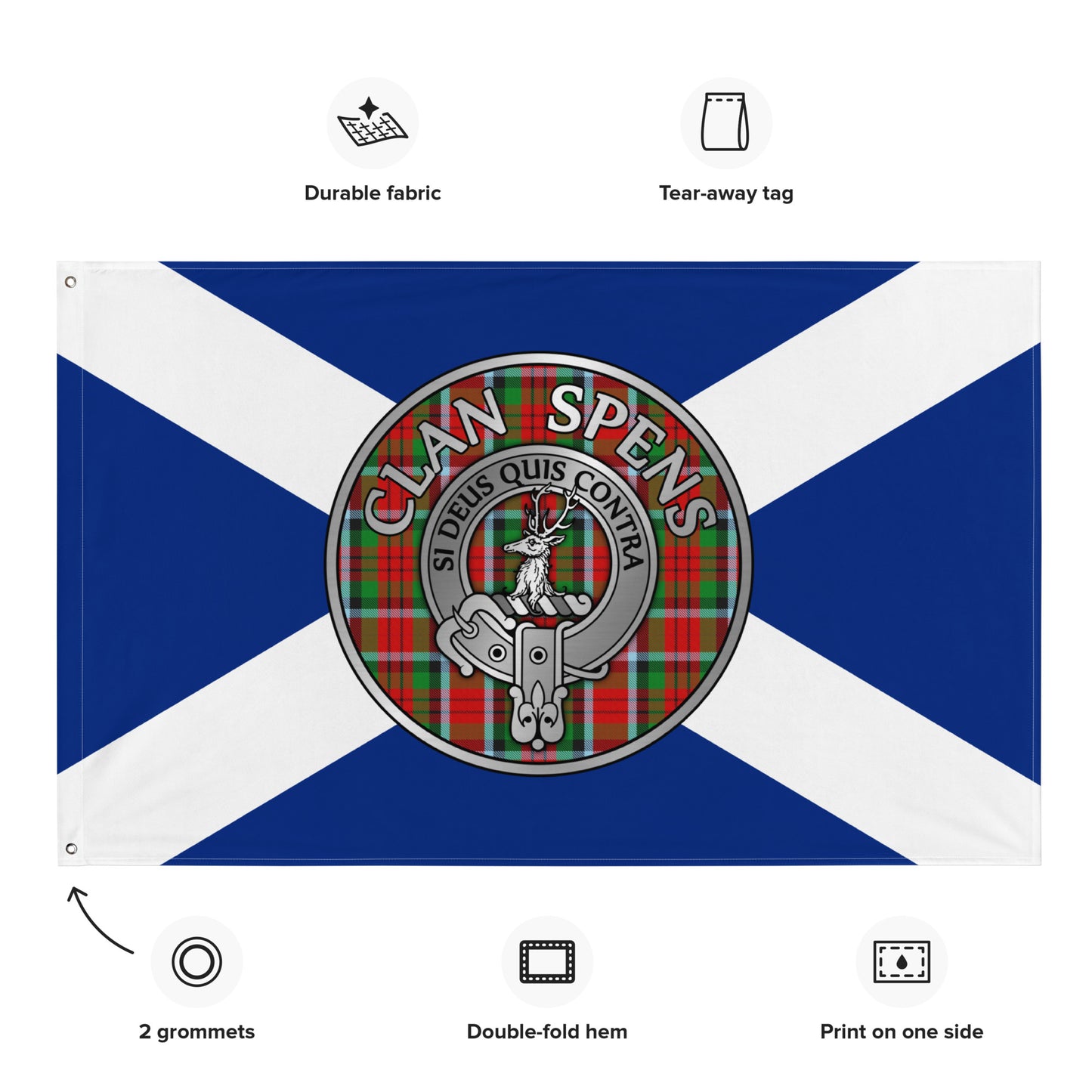Clan Spens Crest & Tartan on Saltire Flag