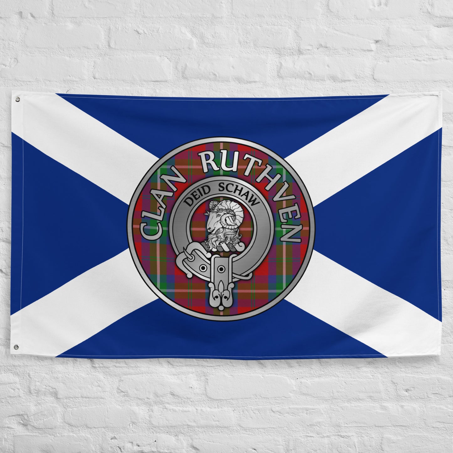 Clan Ruthven Crest & Tartan on Saltire Flag