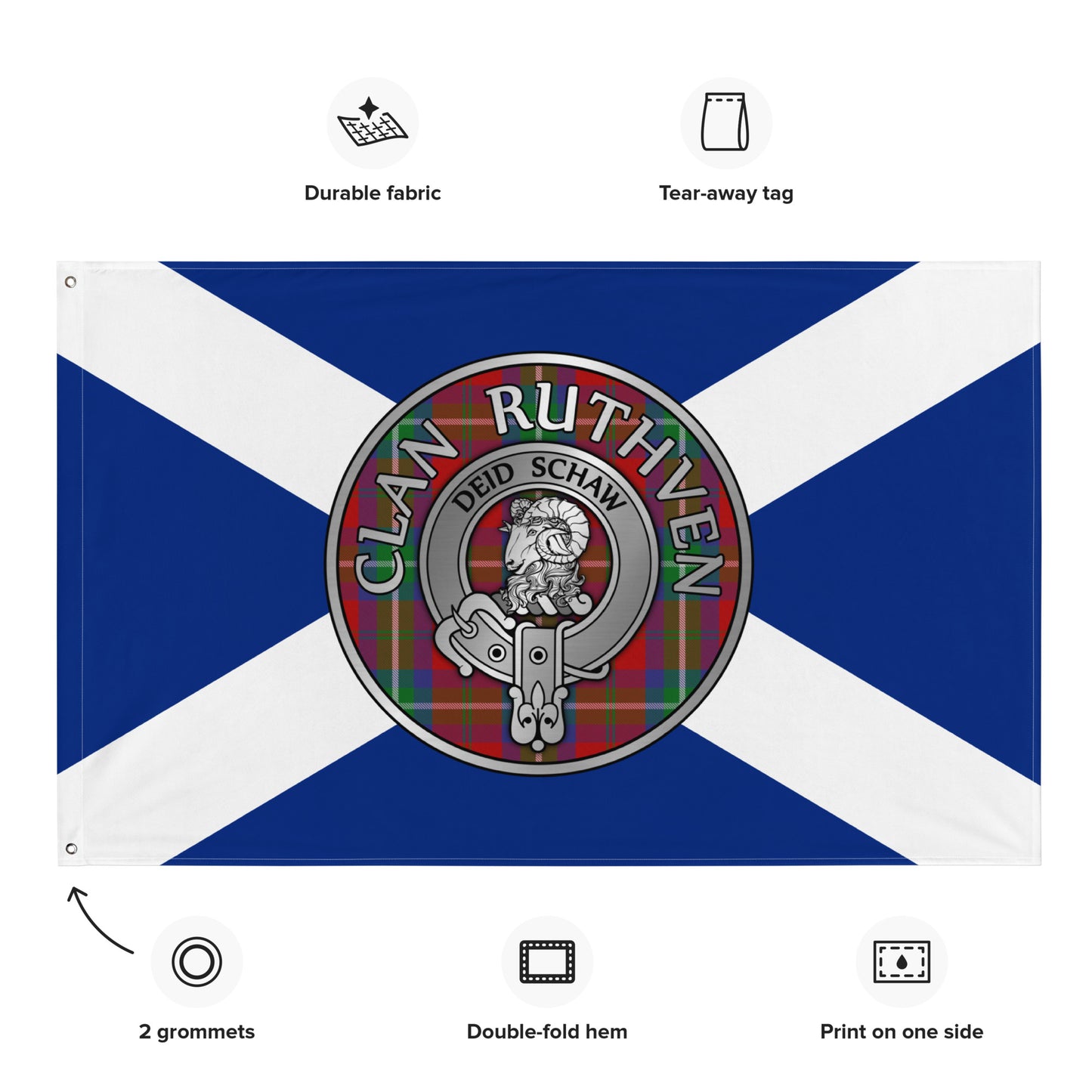Clan Ruthven Crest & Tartan on Saltire Flag