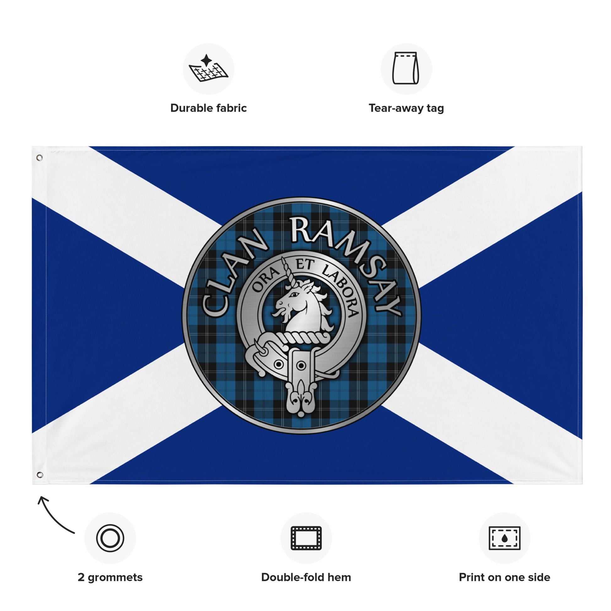 Clan Ramsay Crest & Hunting Tartan on Saltire Flag