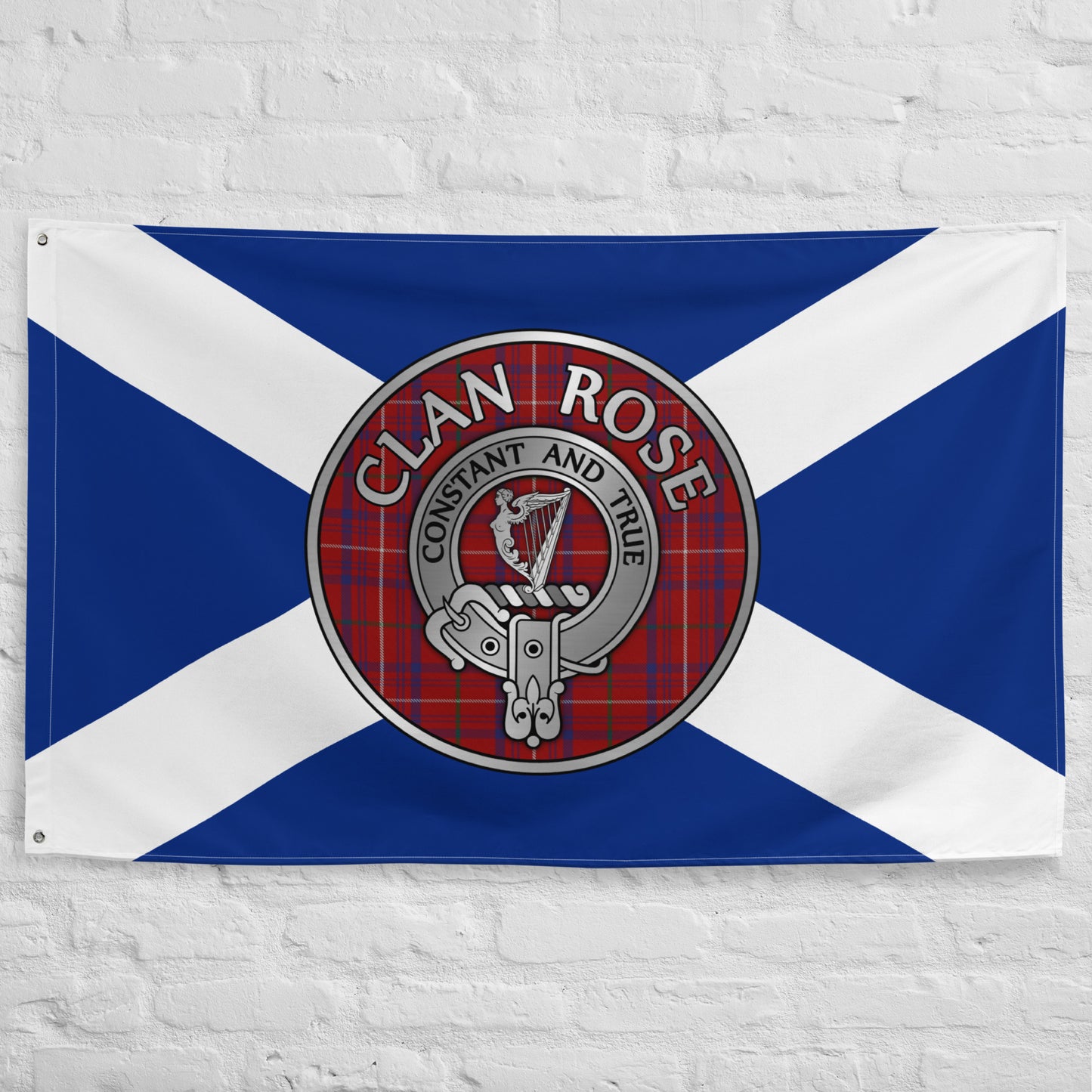 Clan Rose Crest & Tartan on Saltire Flag