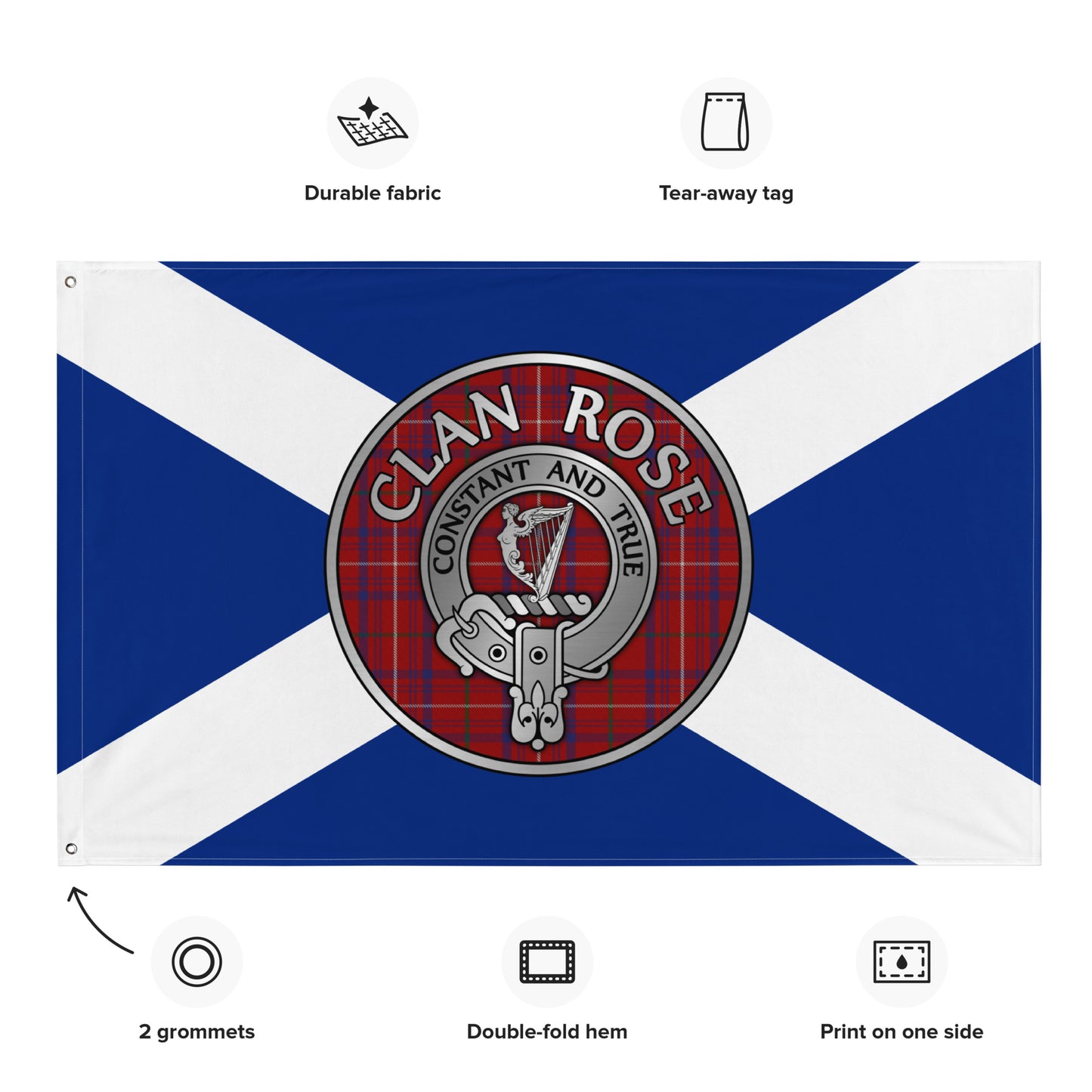 Clan Rose Crest & Tartan on Saltire Flag