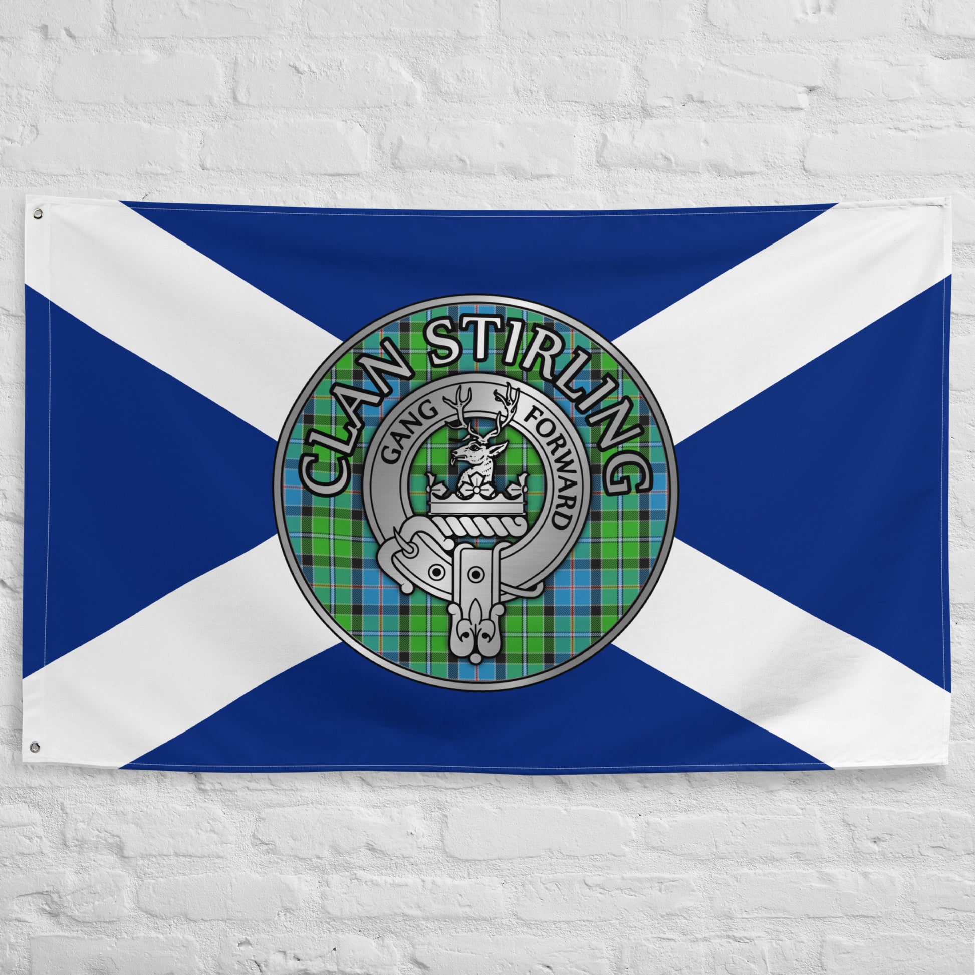 Clan Stirling Crest & Tartan on Saltire Flag
