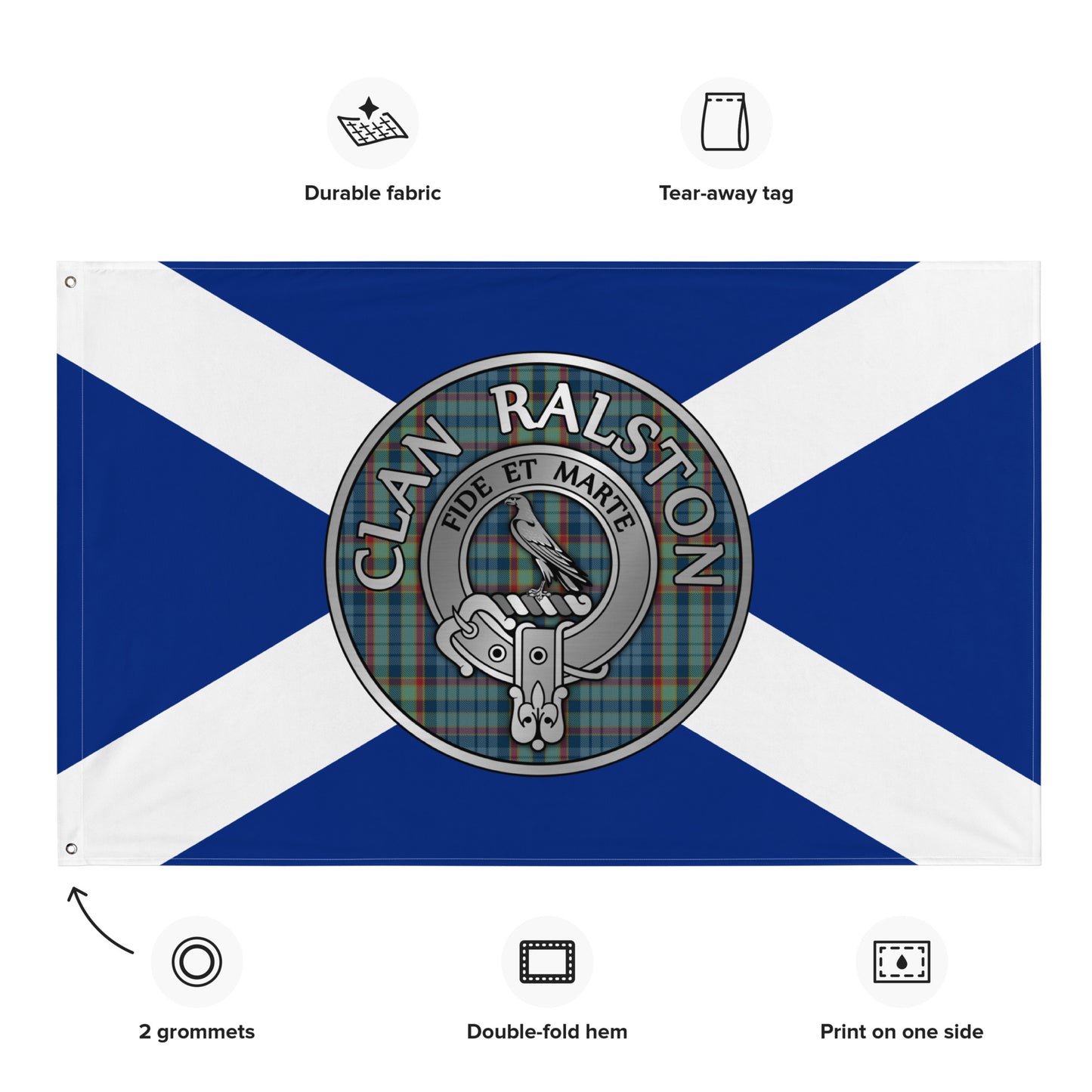 Clan Ralston Crest & Tartan on Saltire Flag