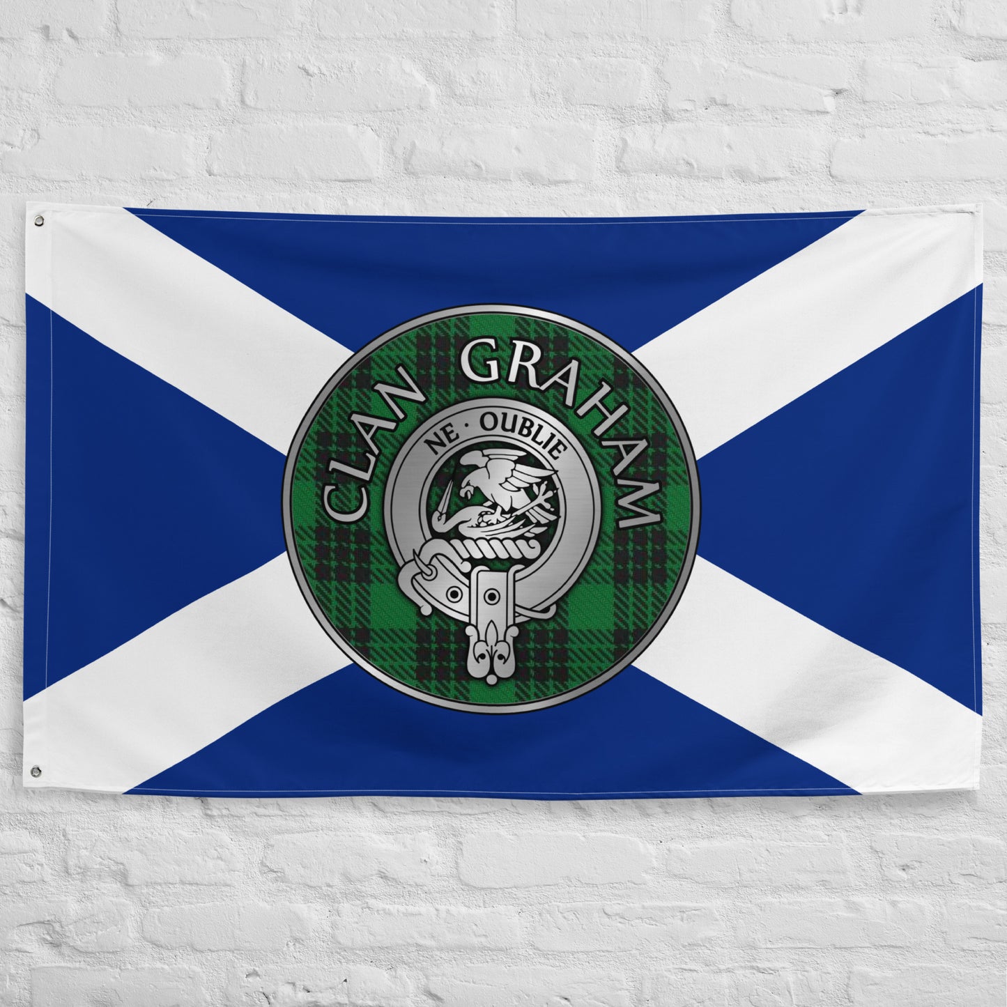 Clan Graham Crest & Tartan on Saltire Flag