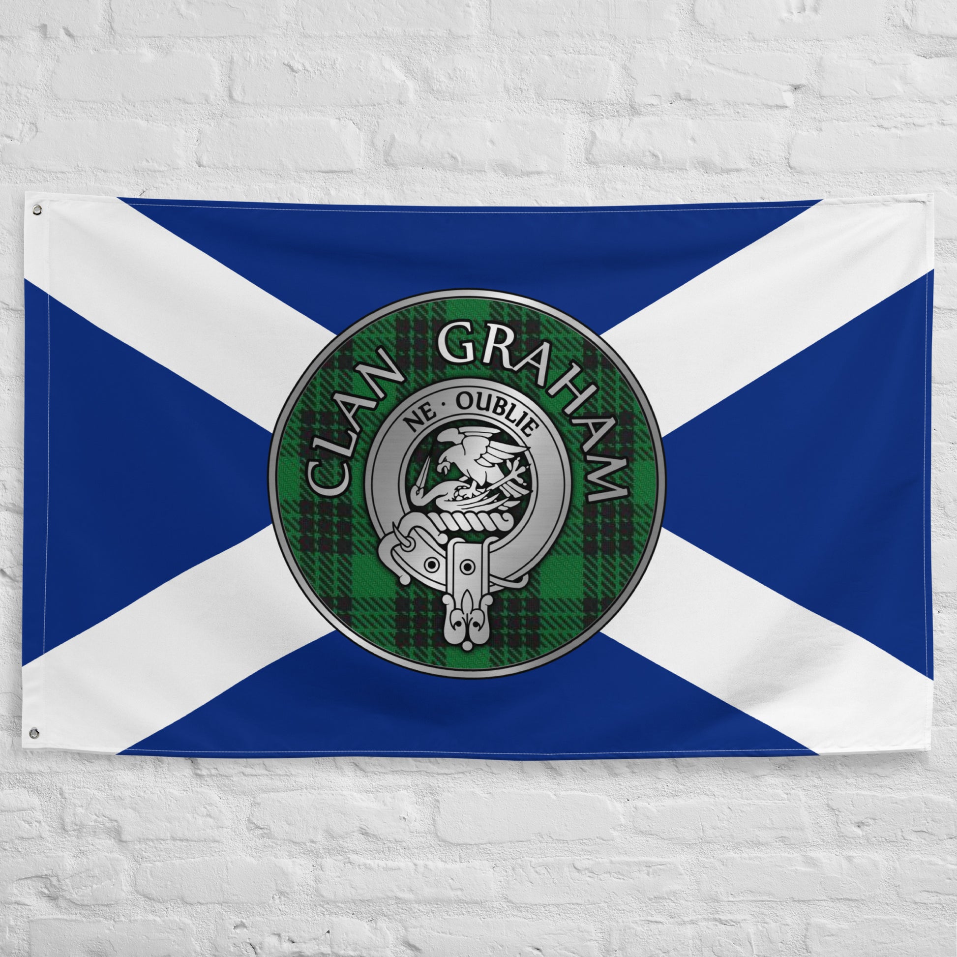 Clan Graham Crest & Tartan on Saltire Flag