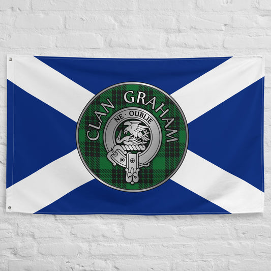 Clan Graham Crest & Tartan on Saltire Flag