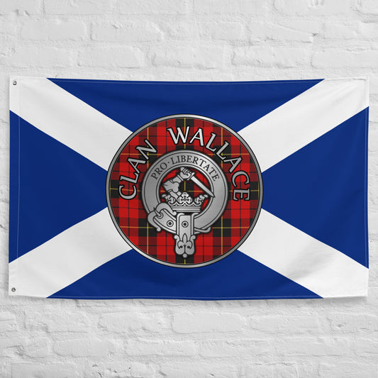 Clan Wallace Crest & Tartan on Saltire Flag