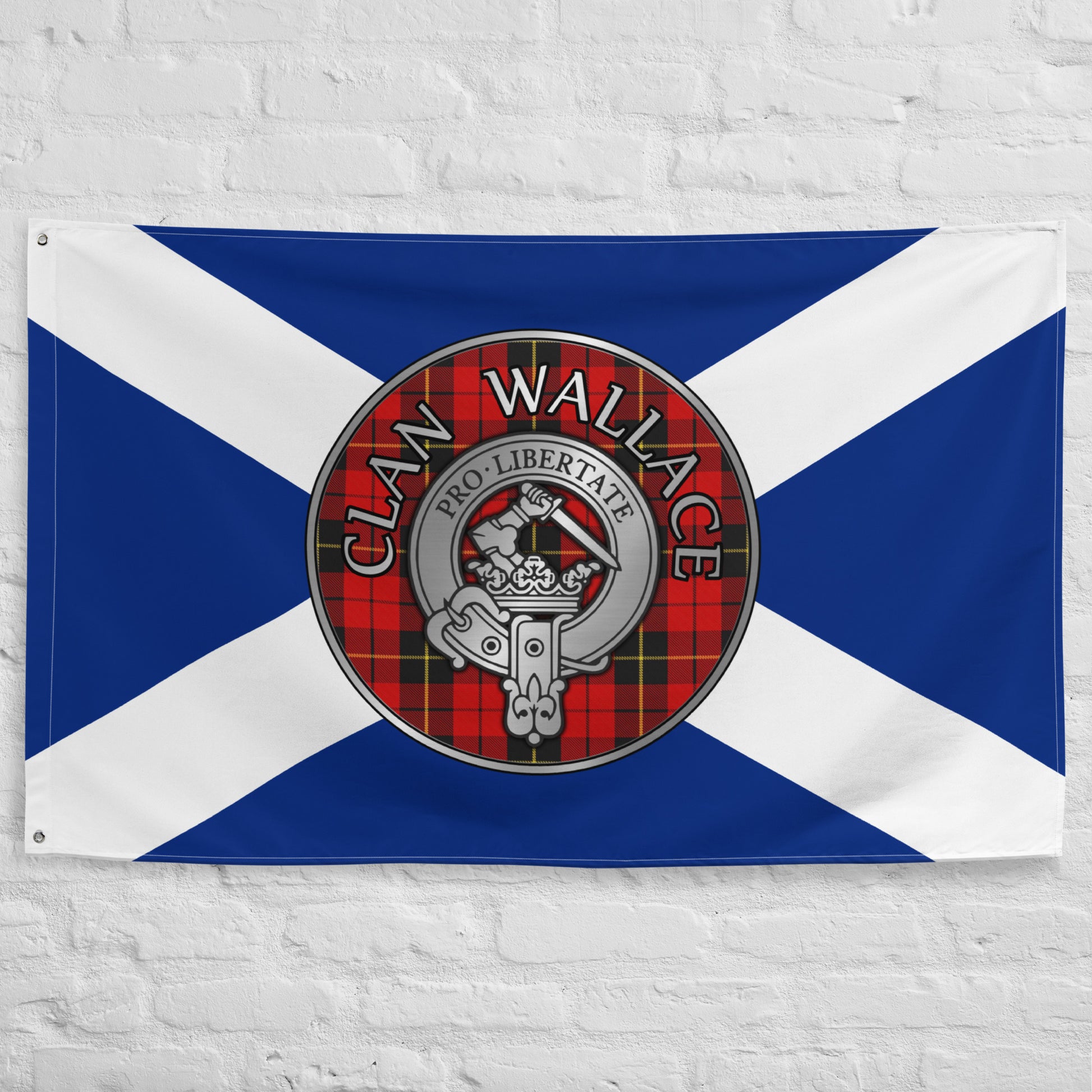 Clan Wallace Crest & Tartan on Saltire Flag