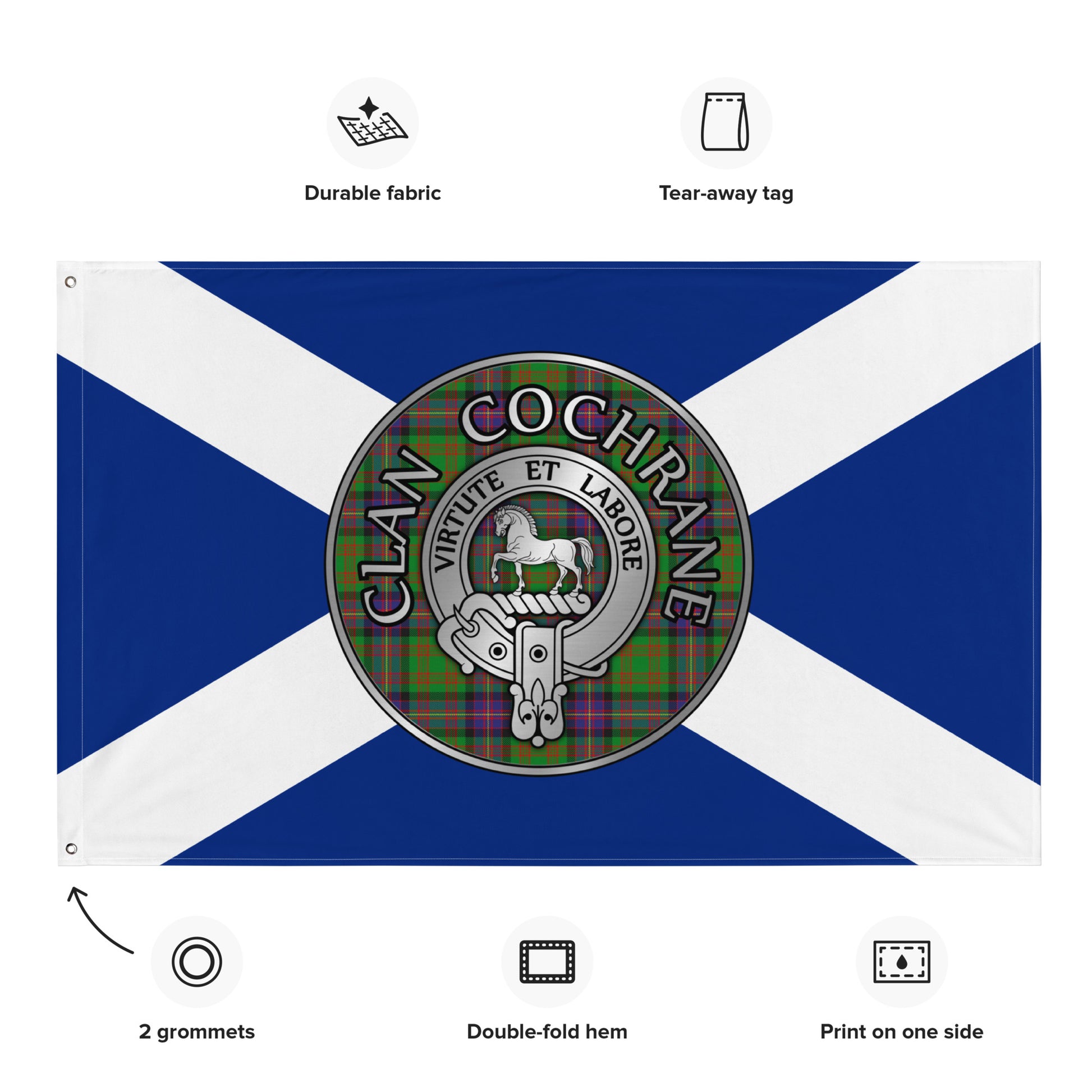 Clan Cochrane Crest & Tartan on Saltire Flag
