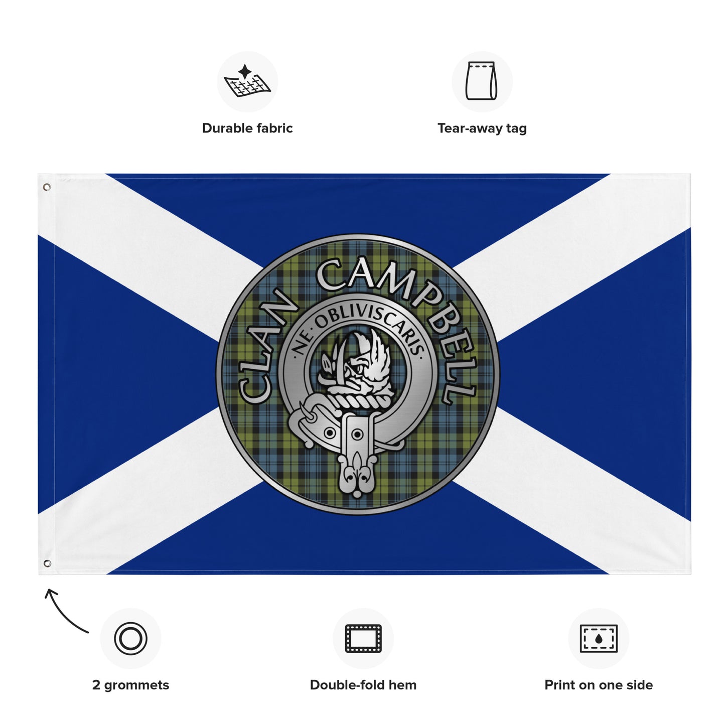 Clan Campbell Crest & Tartan on Saltire Flag