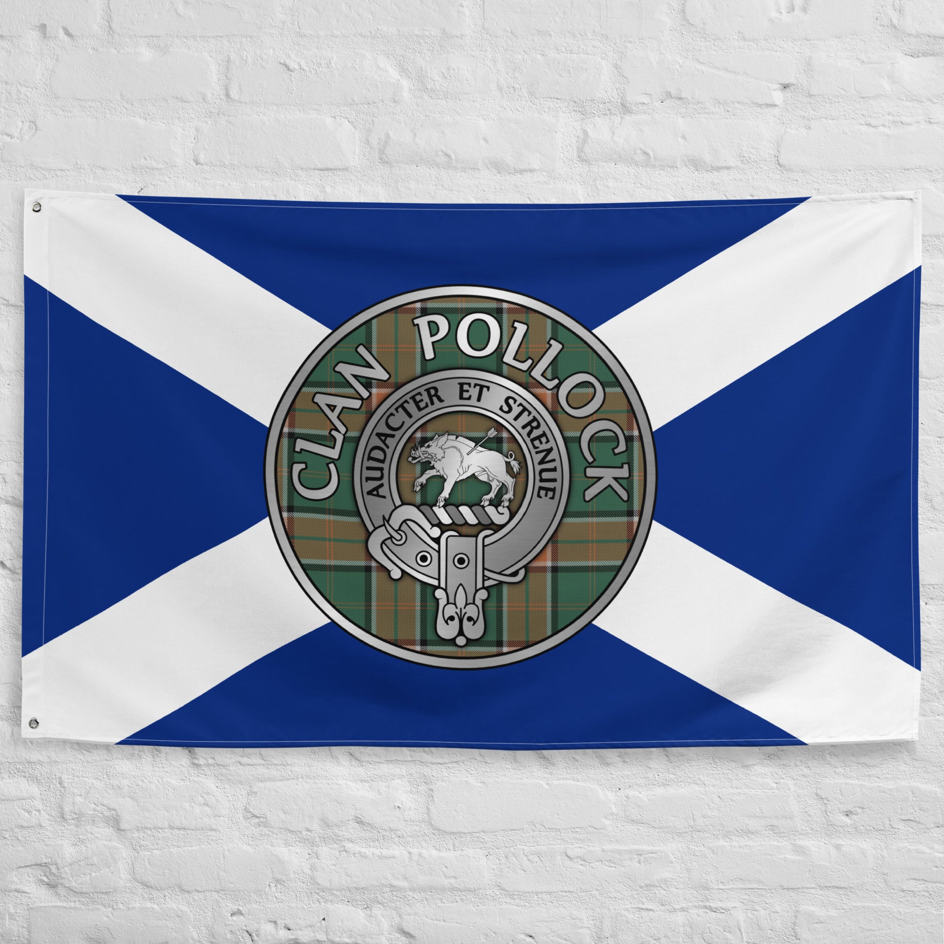 Clan Pollock Crest & Tartan on Saltire Flag