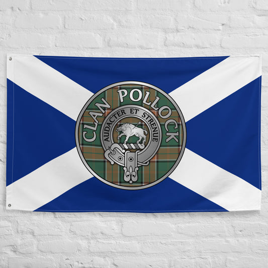 Clan Pollock Crest & Tartan on Saltire Flag