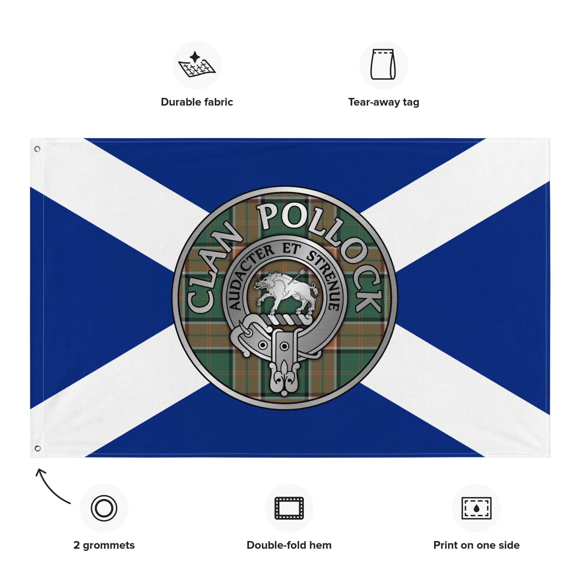 Clan Pollock Crest & Tartan on Saltire Flag