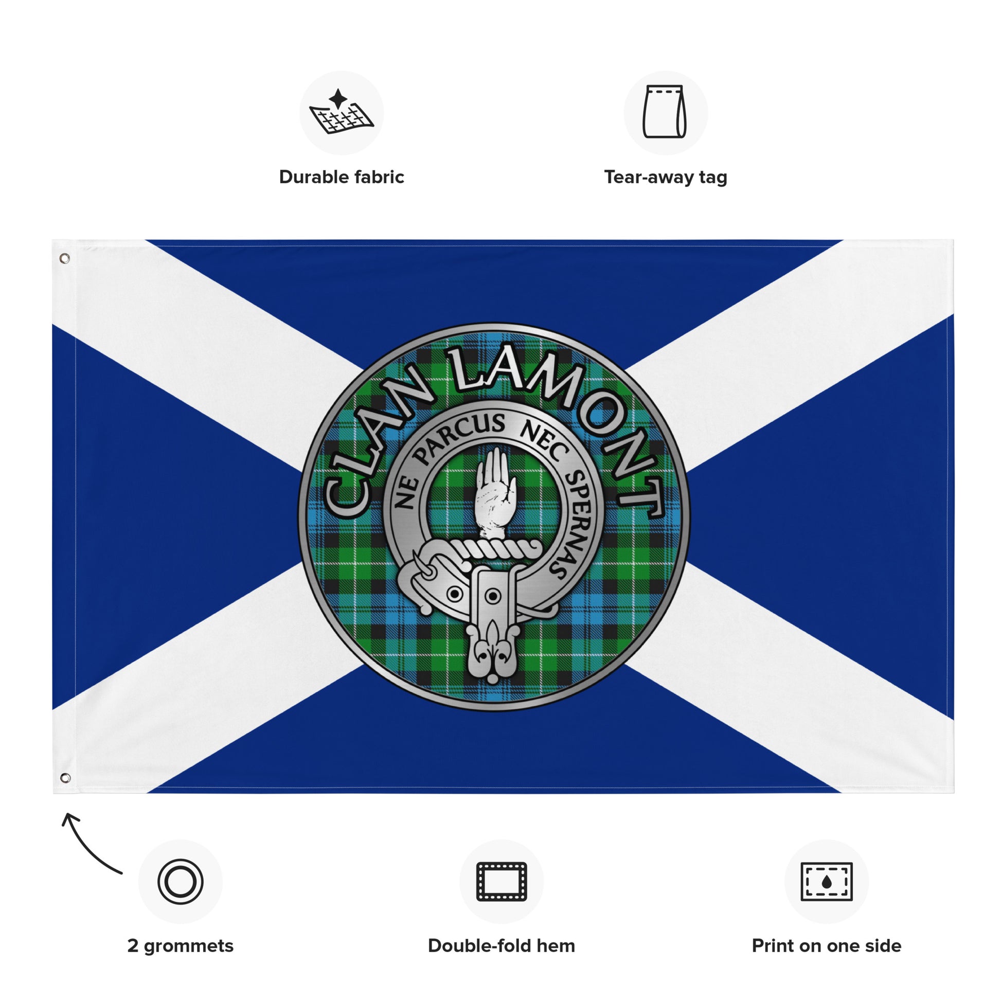 Clan Lamont Crest & Tartan on Saltire Flag