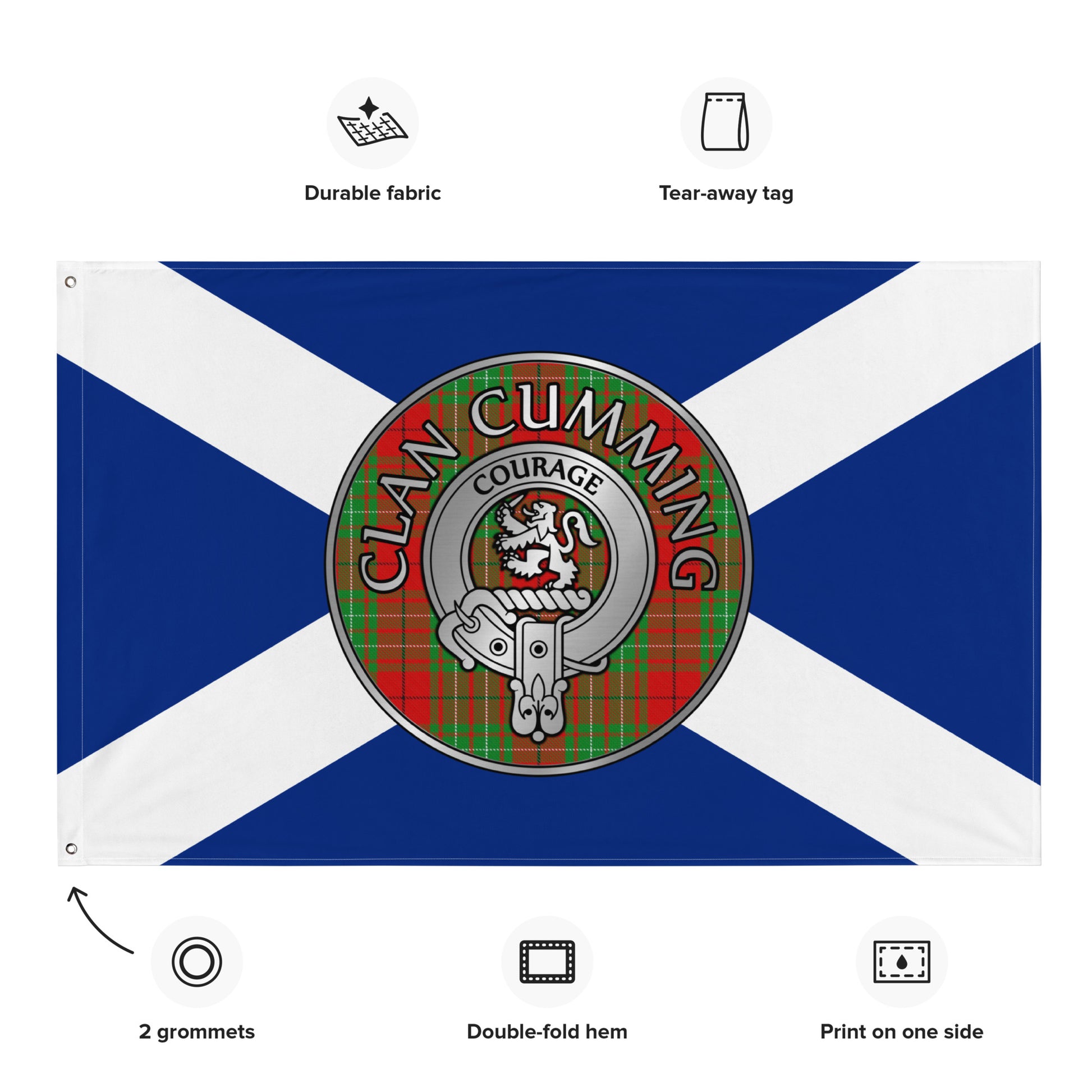 Clan Cumming Crest & Tartan on Saltire Flag