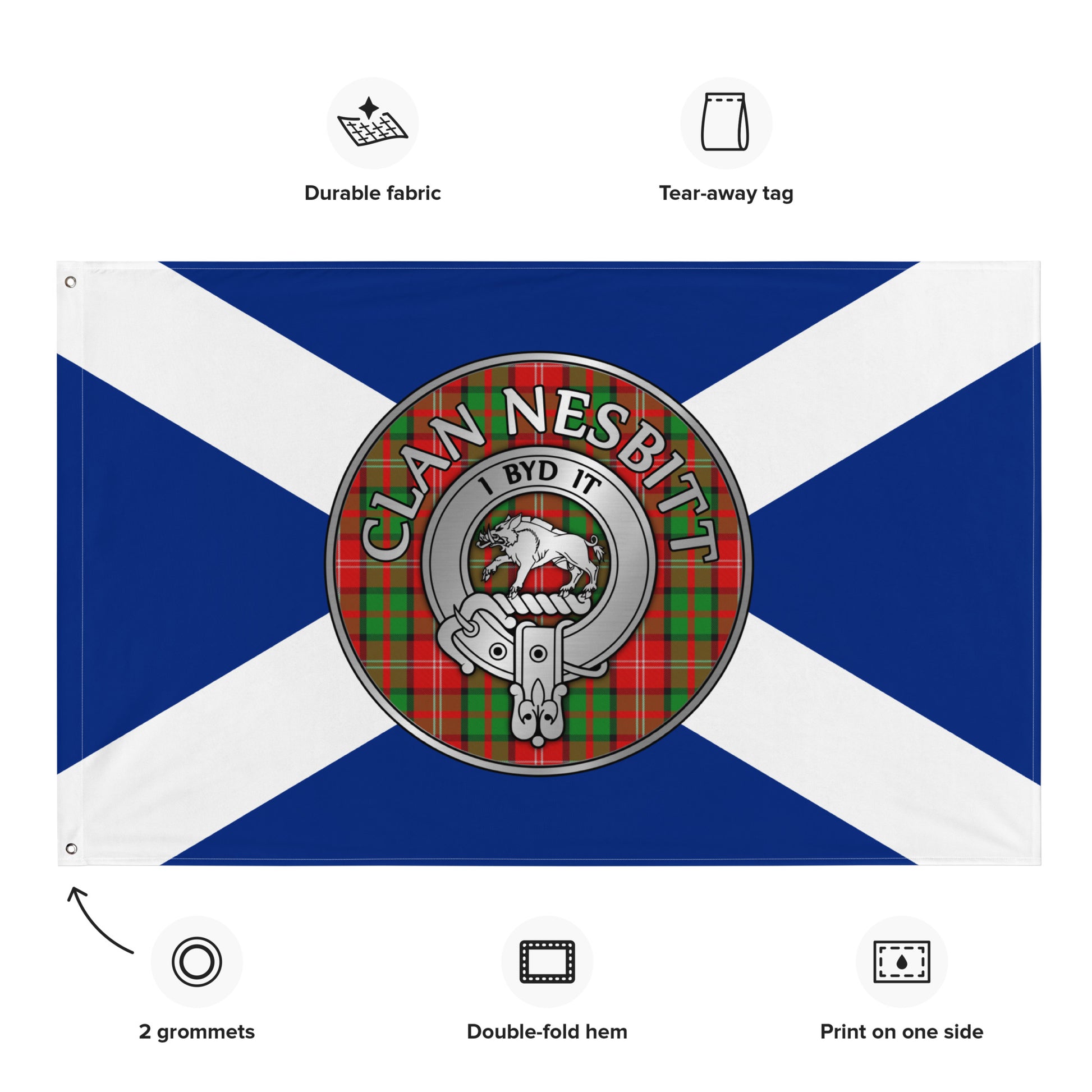Clan Nesbitt Crest & Tartan on Saltire Flag