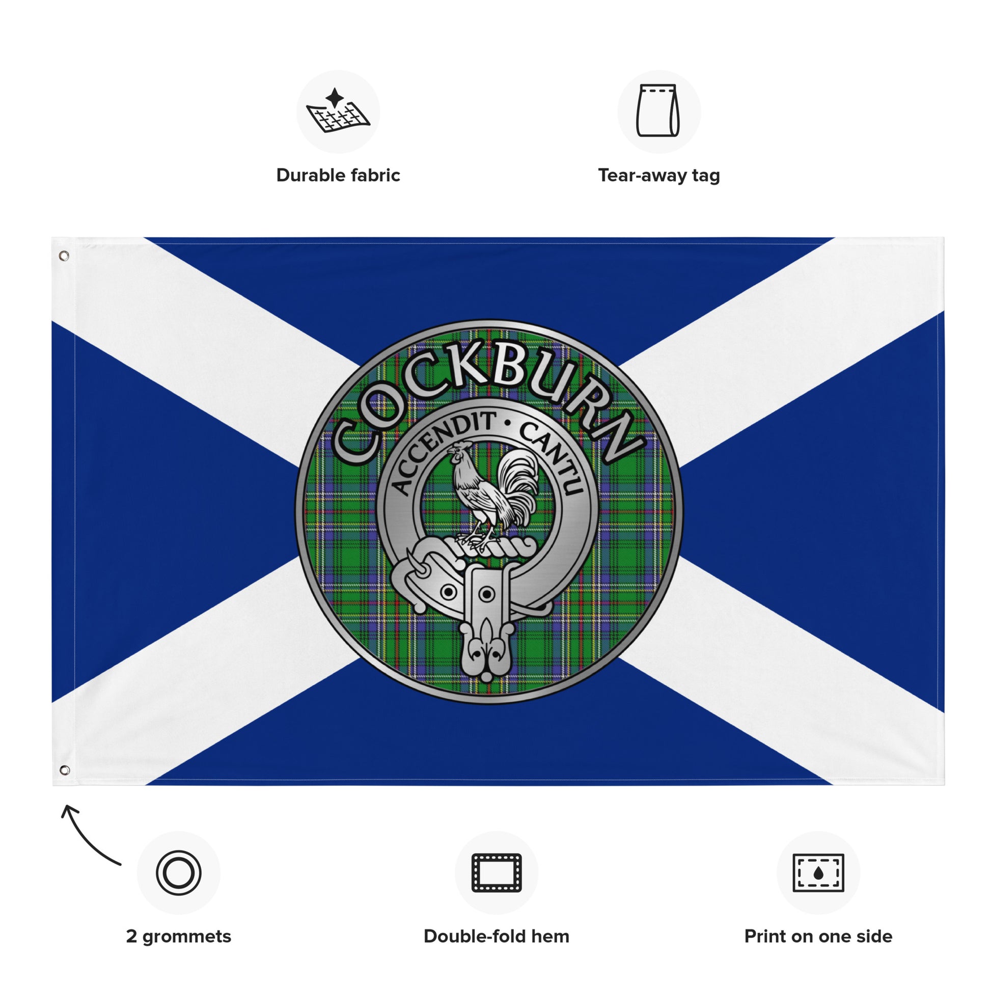 Clan Cockburn Crest & Tartan on Saltire Flag