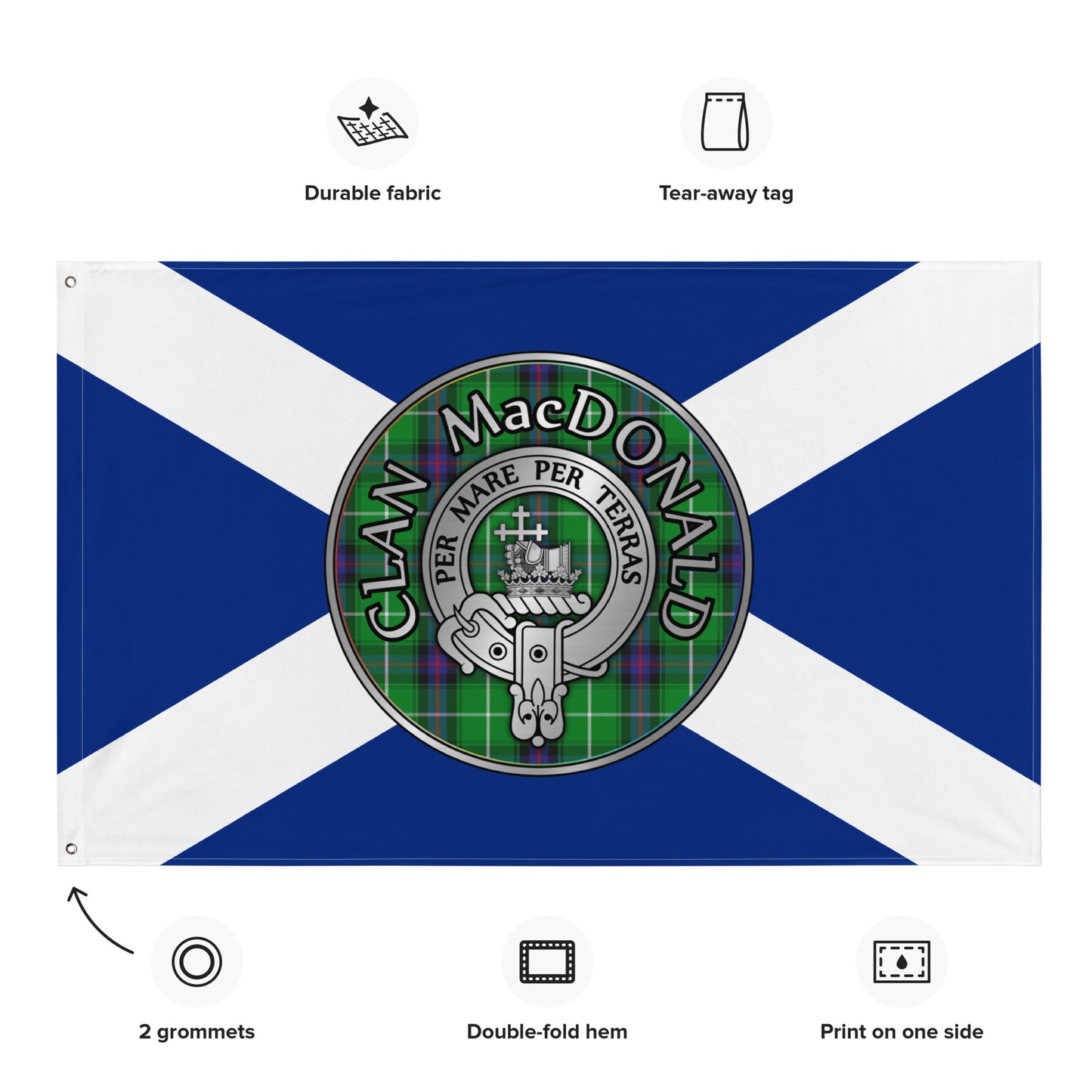Clan MacDonald of the Isles Crest & Tartan on Saltire Flag