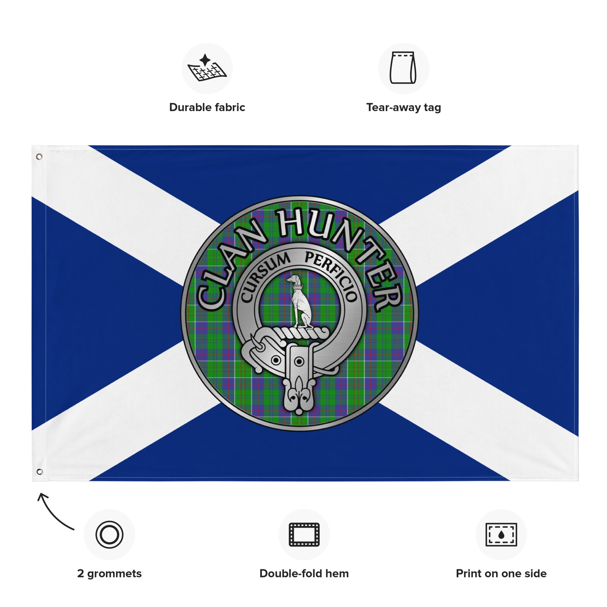 Clan Hunter Crest & Tartan on Saltire Flag
