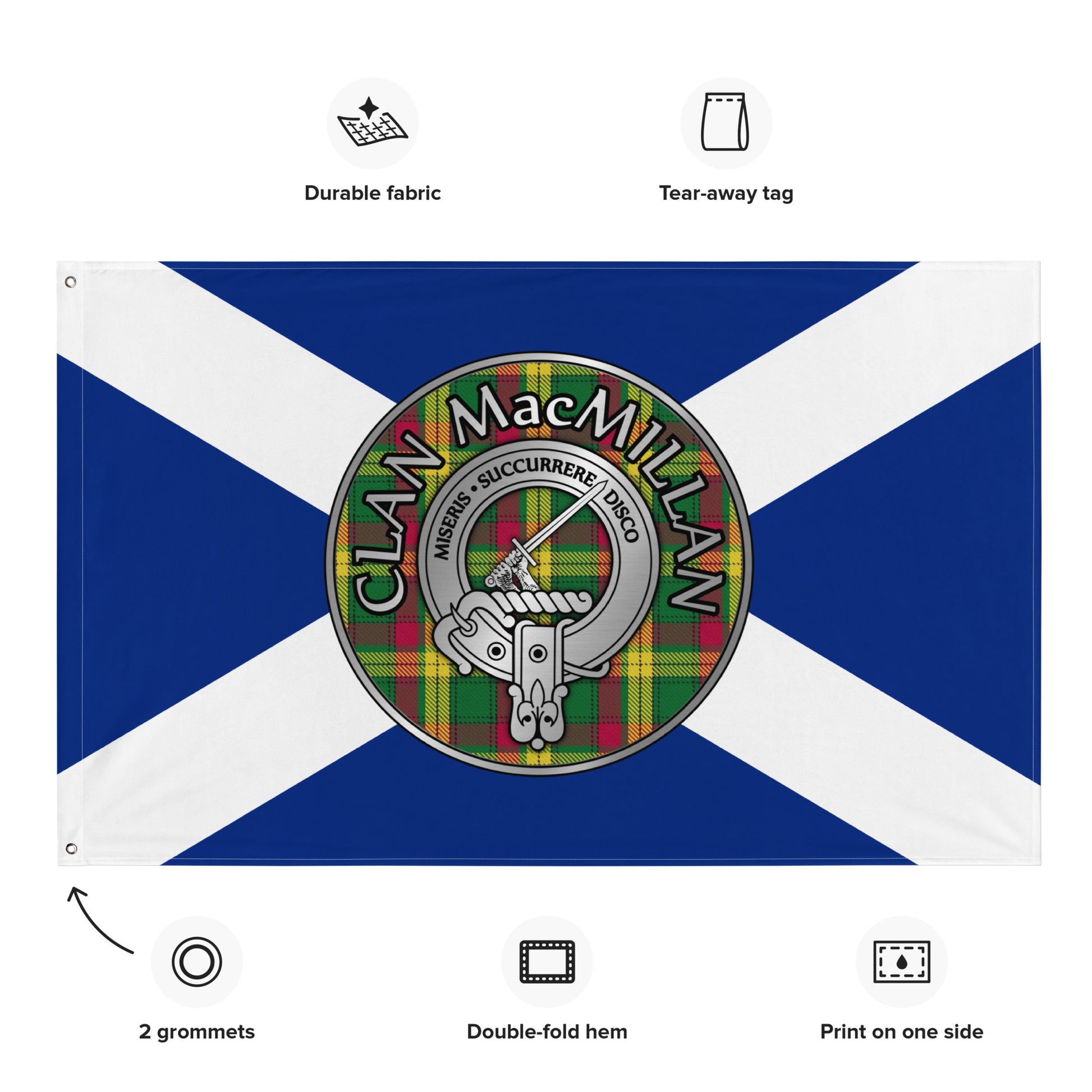 Clan MacMillan Crest & Tartan on Saltire Flag