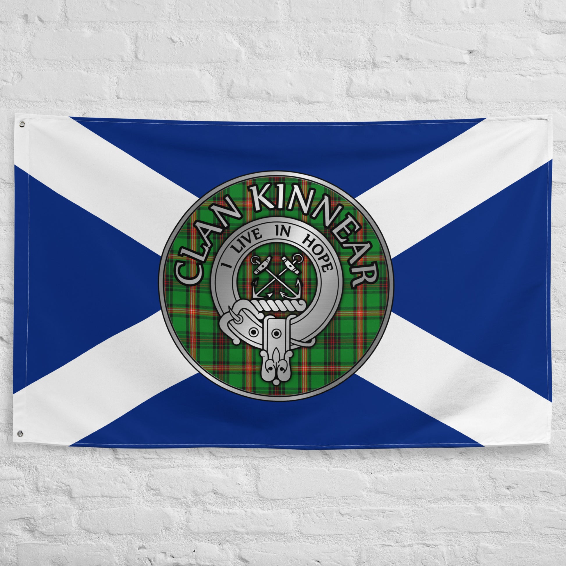 Clan Kinnear Crest & Tartan on Saltire Flag
