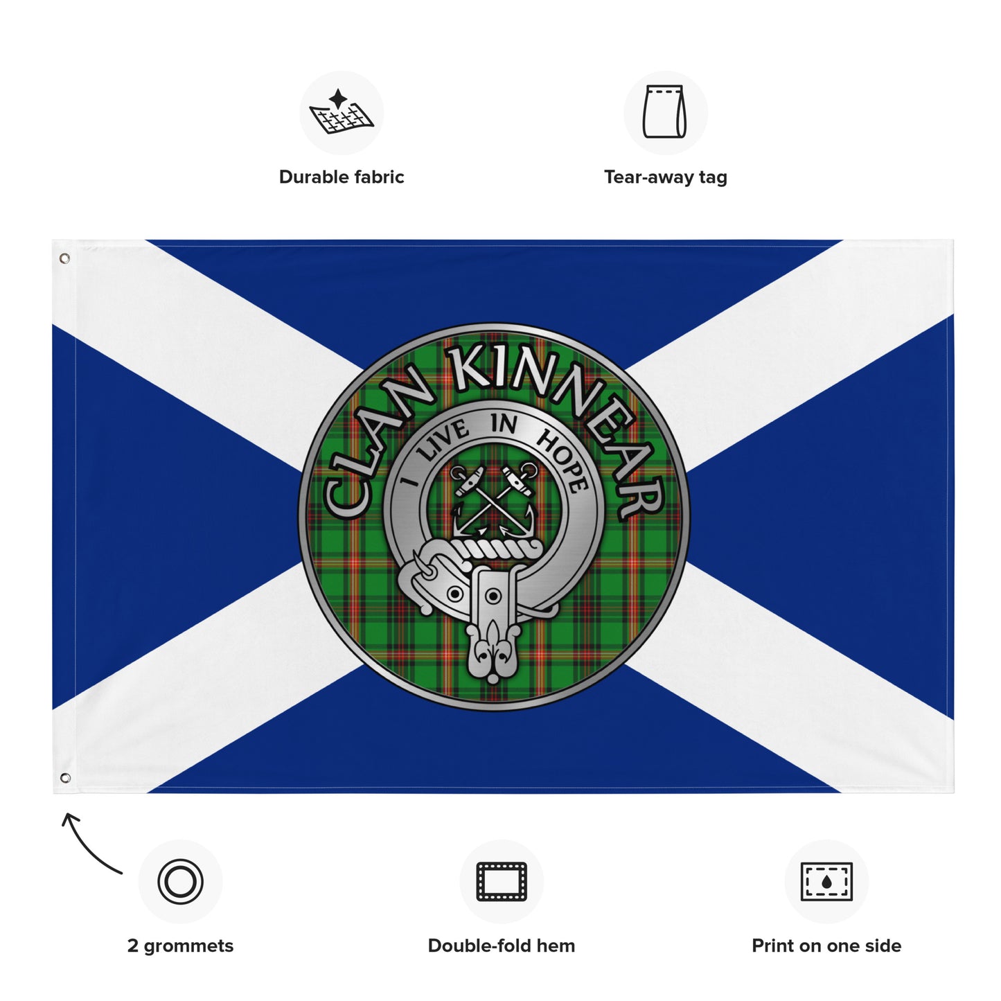 Clan Kinnear Crest & Tartan on Saltire Flag