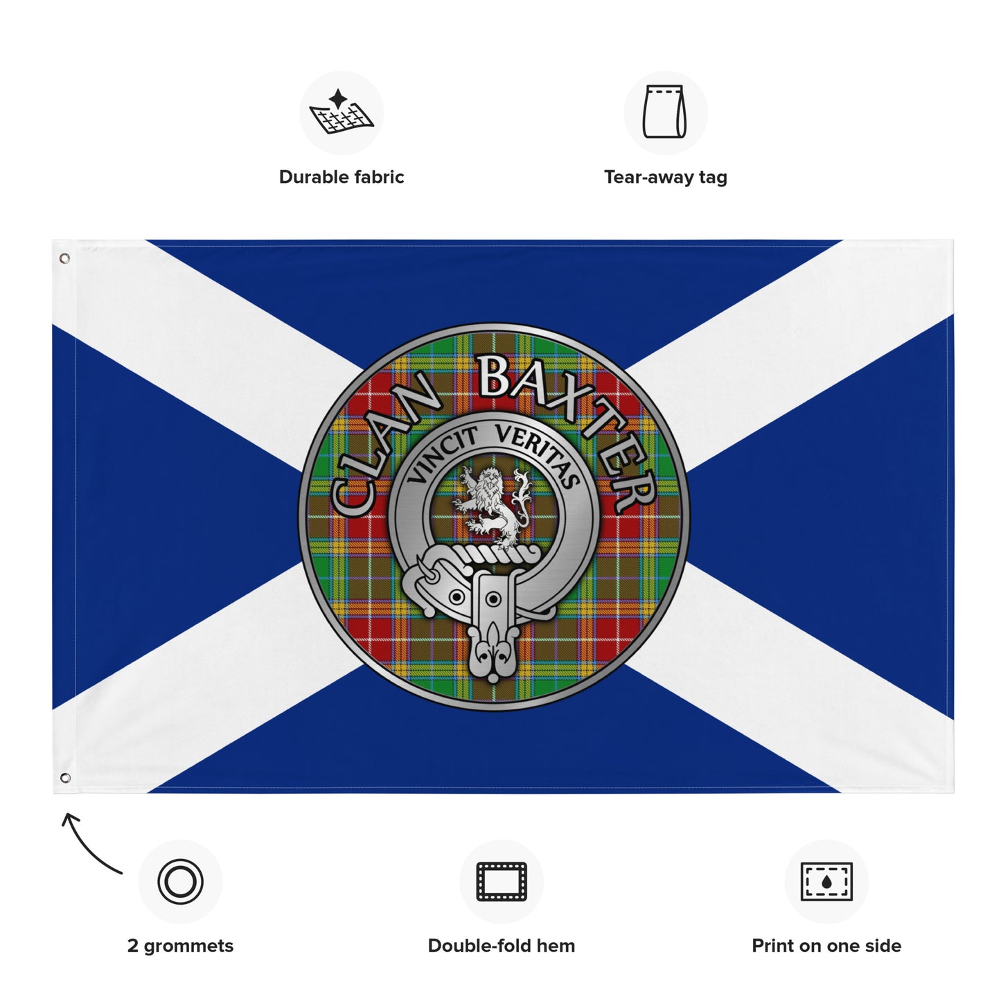 Clan Baxter Crest & Tartan on Saltire Flag