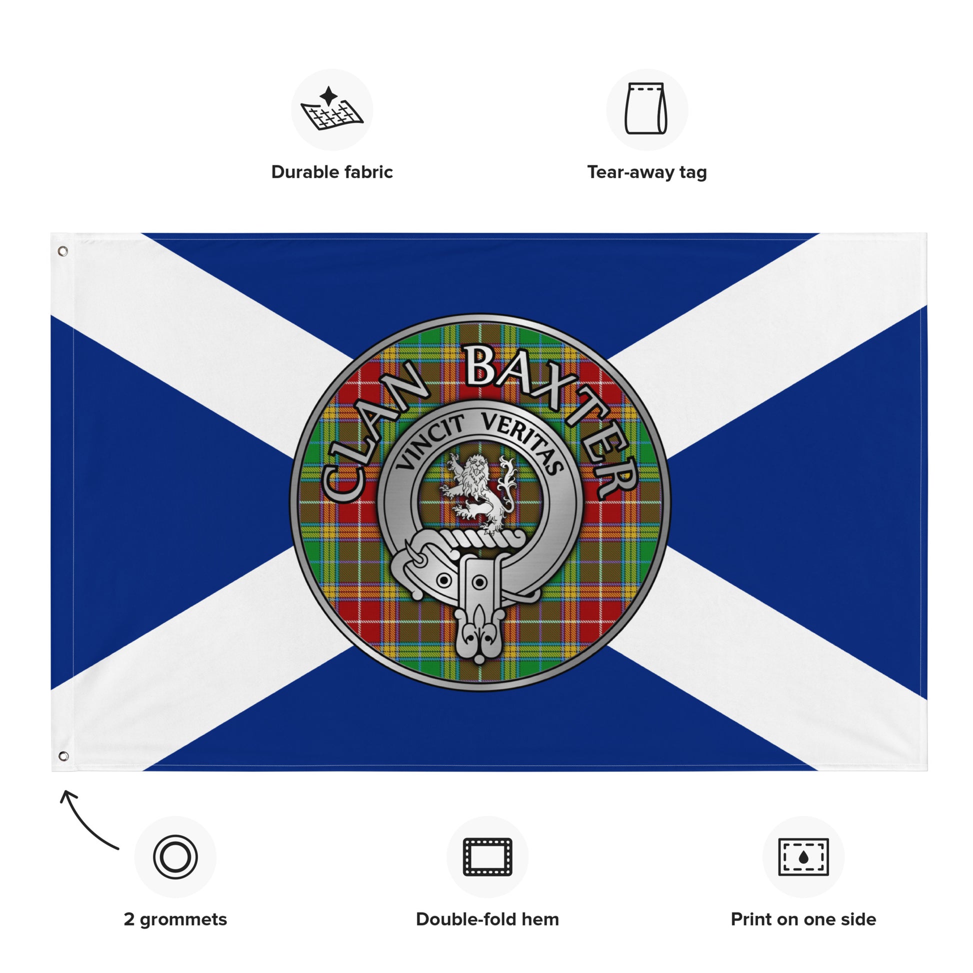 Clan Baxter Crest & Tartan on Saltire Flag