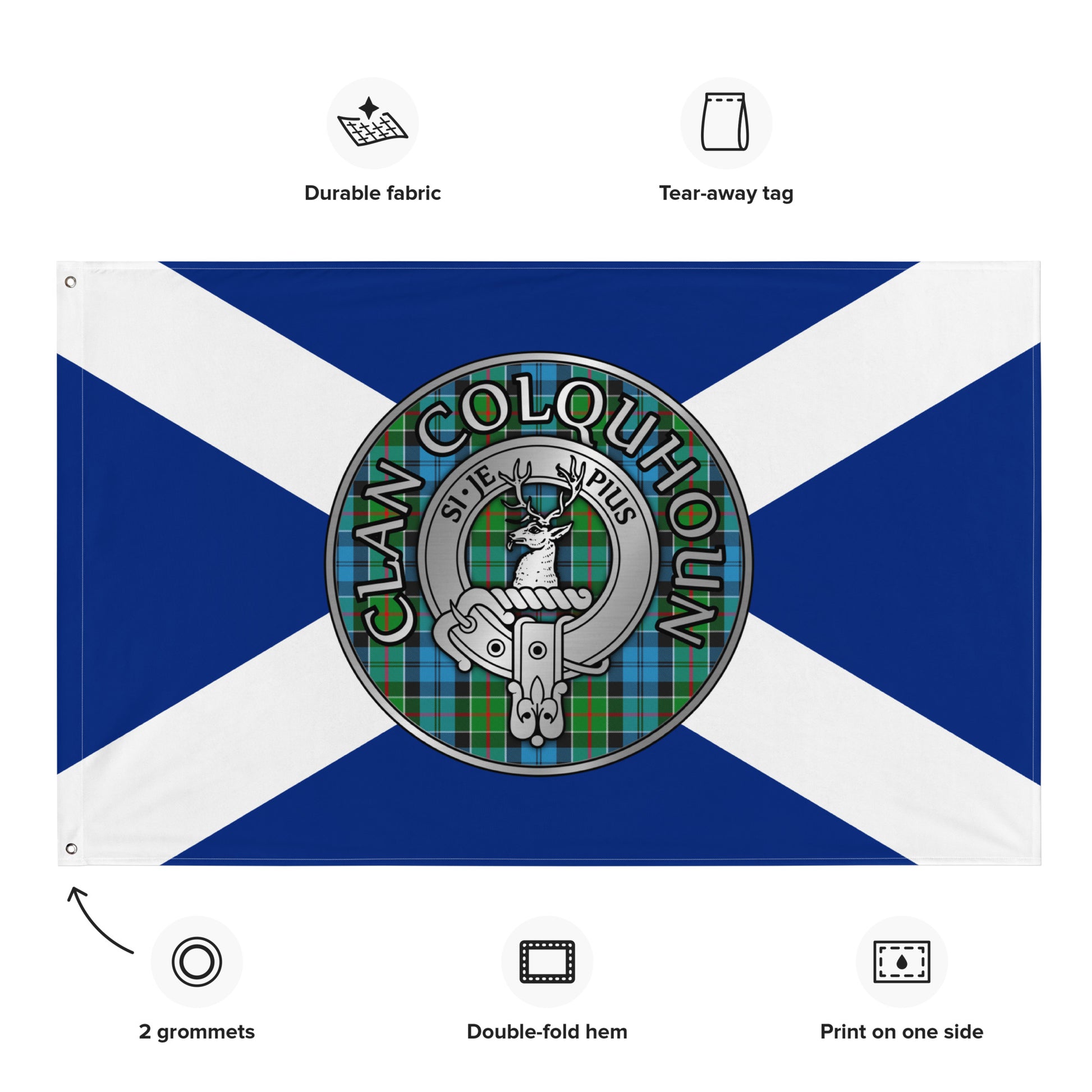 Clan Colquhoun Crest & Tartan on Saltire Flag