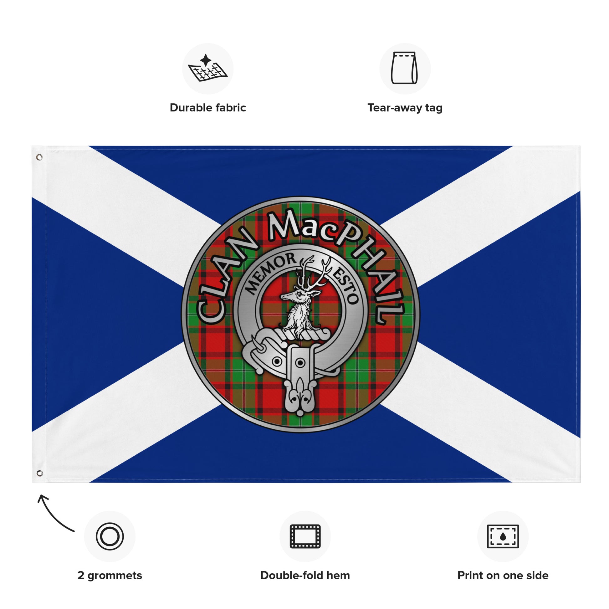 Clan MacPhail Crest & Tartan on Saltire Flag