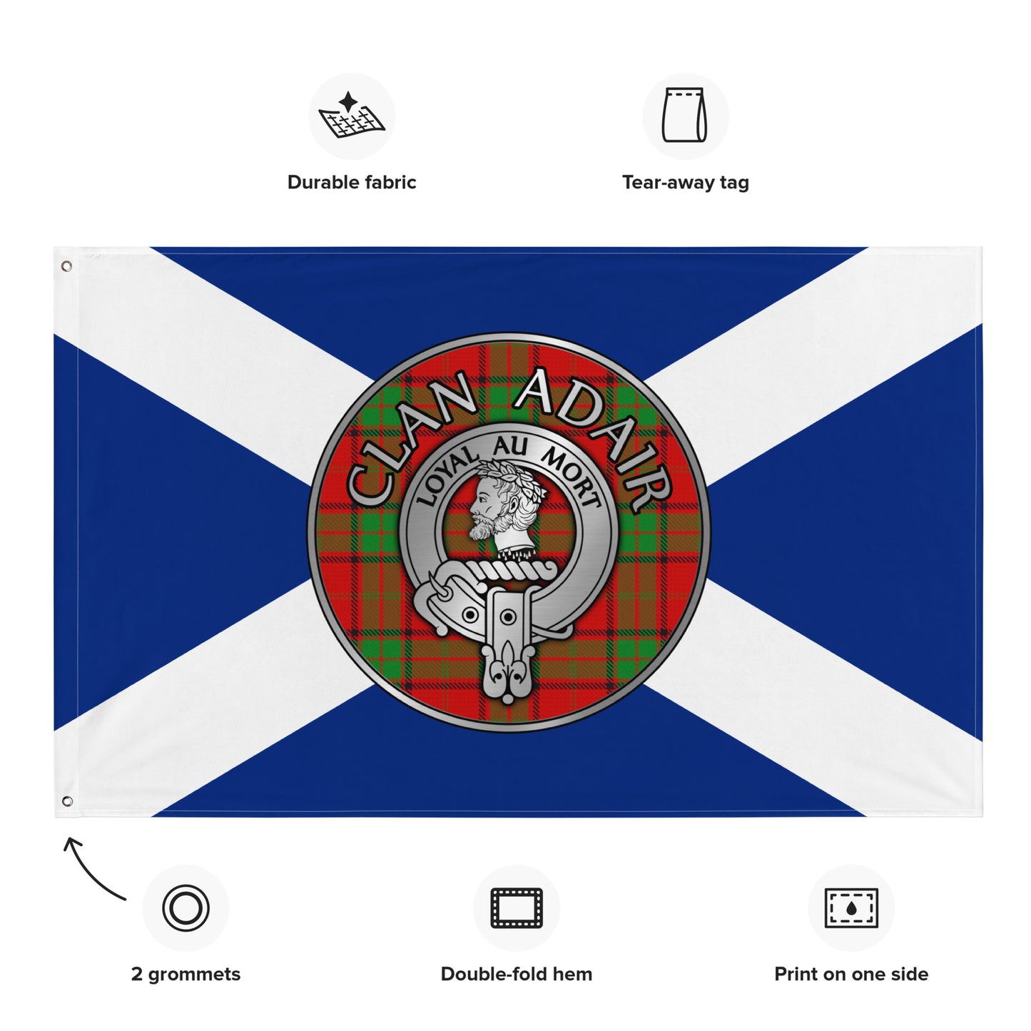 Clan Adair Crest & Tartan on Saltire Flag