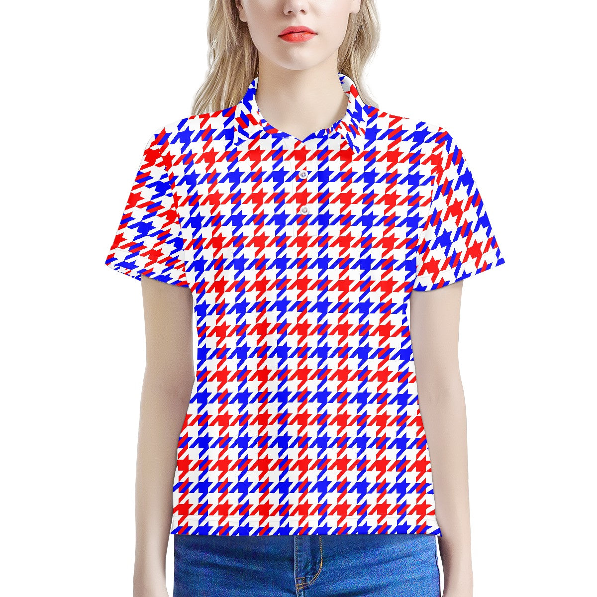 Red White Blue Houndstooth Women's Polo Shirt