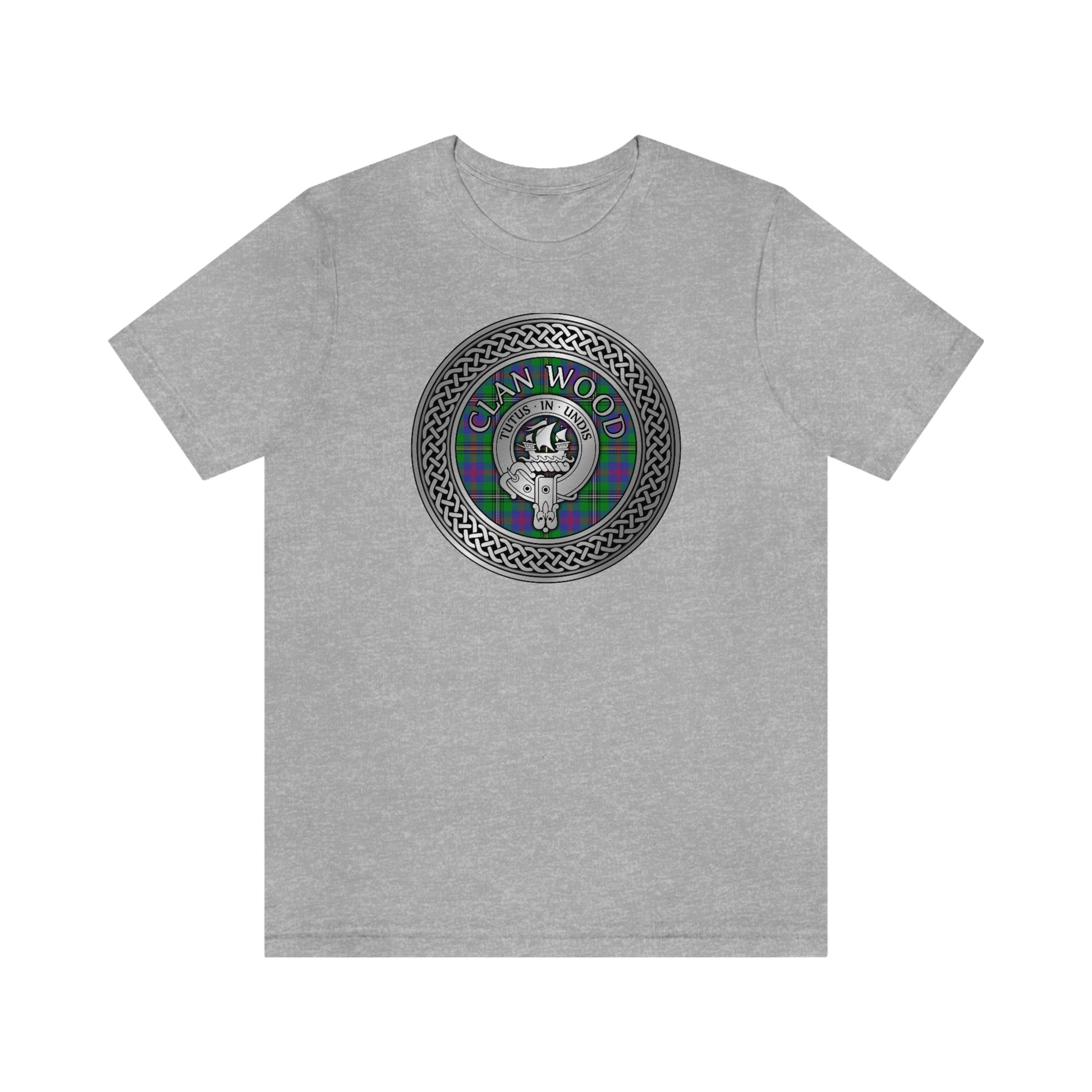 Clan Wood Tartan & Crest in Celtic Knot T-Shirt