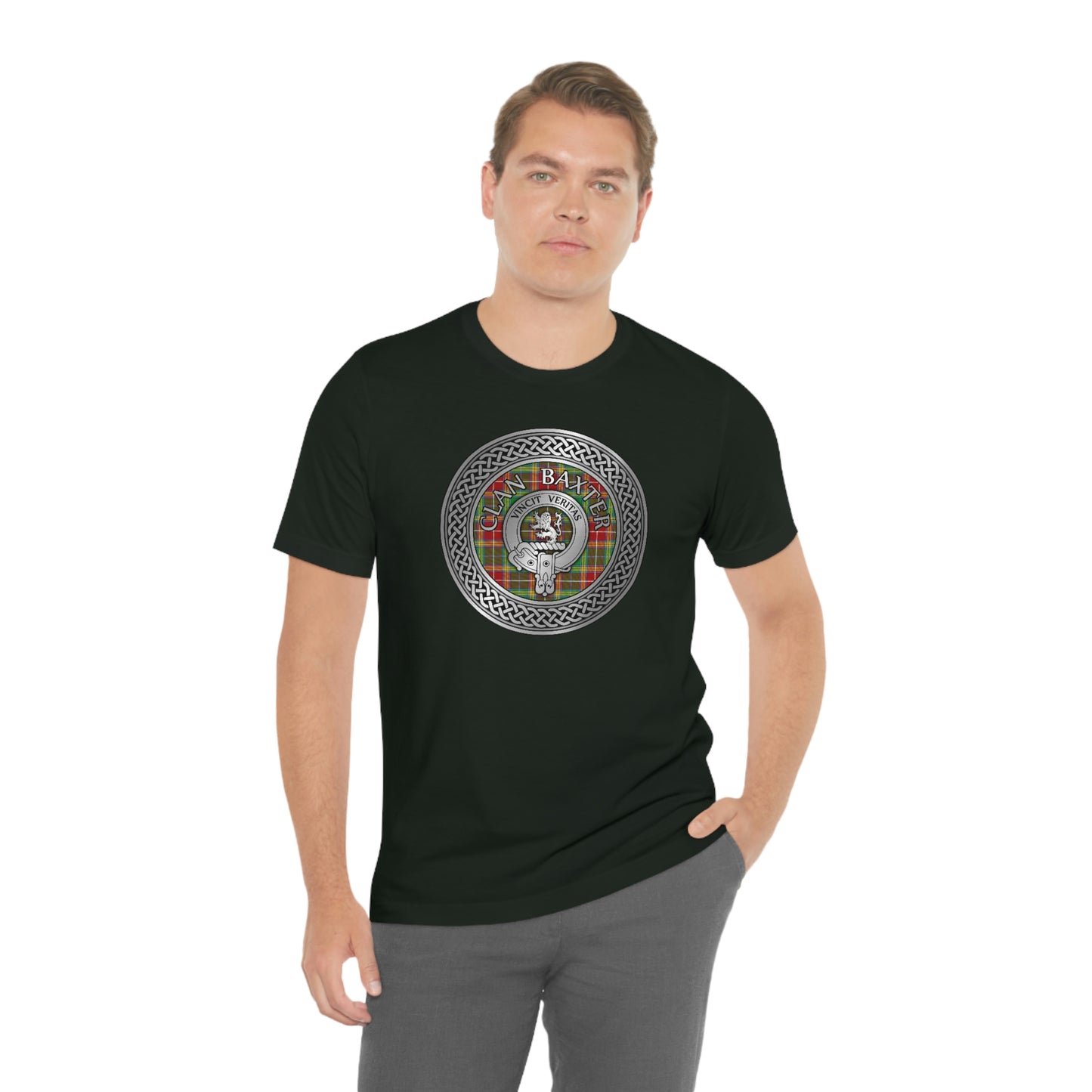 Clan Baxter Tartan & Crest in Celtic Knot T-Shirt