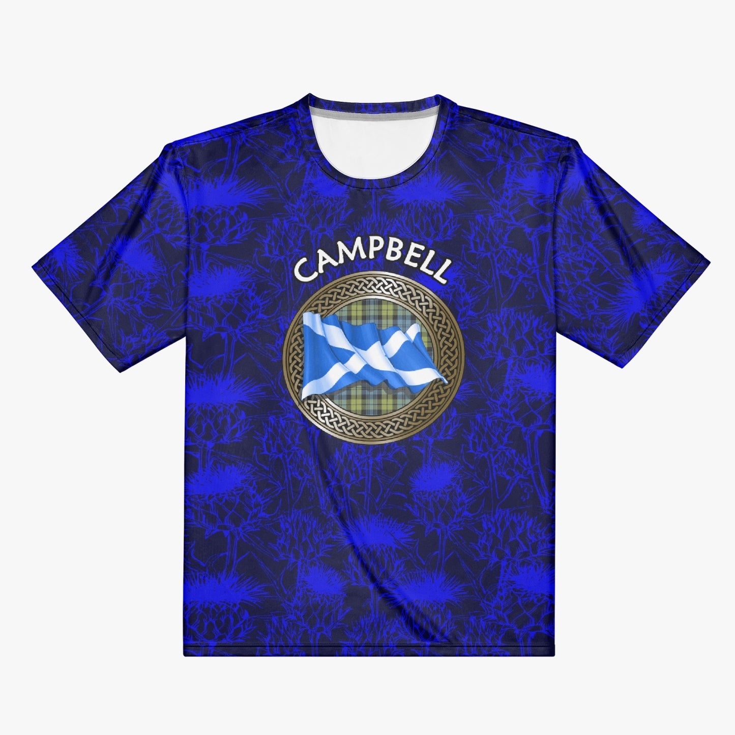 Clan Campbell Tartan Knot & Flag on Scottish Thistle AOP Men T-shirt