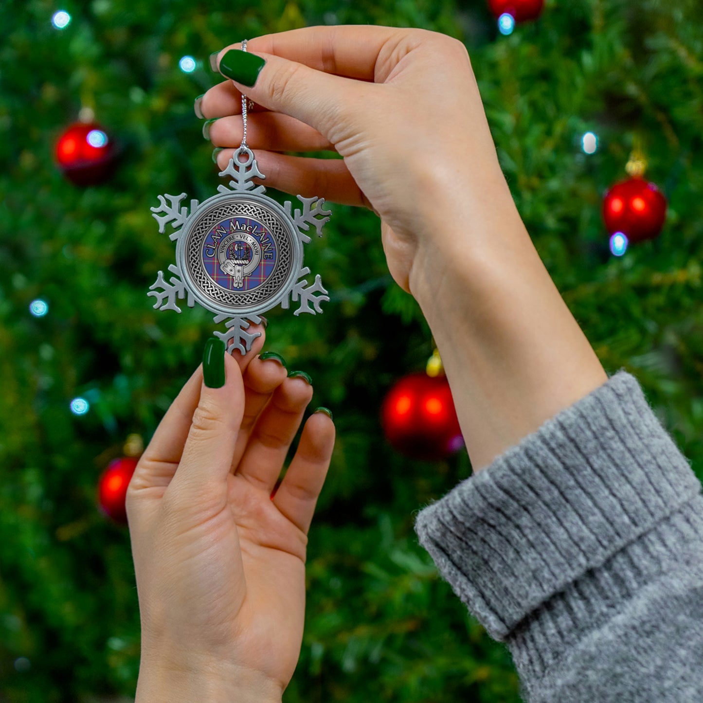 Clan MacLaine Crest & Tartan Knot Pewter Snowflake Ornament