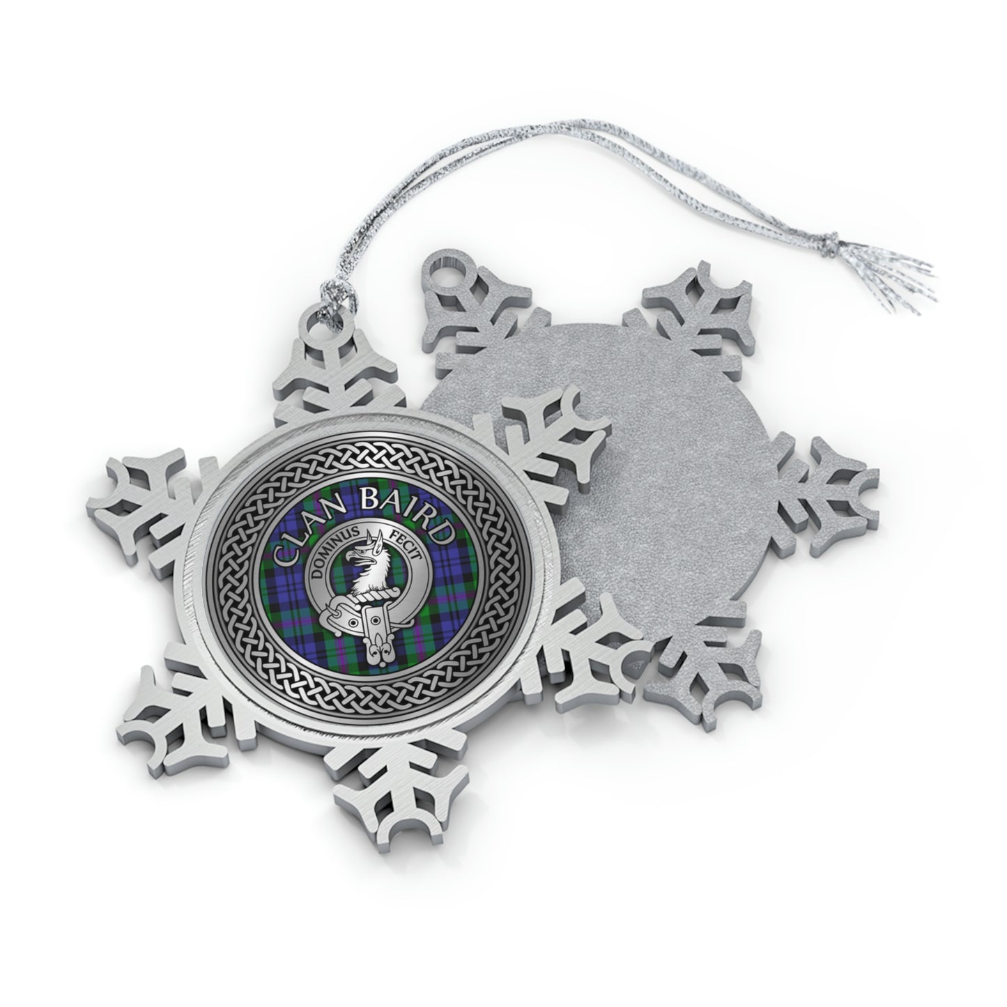 Clan Baird Crest & Tartan Knot Pewter Snowflake Ornament