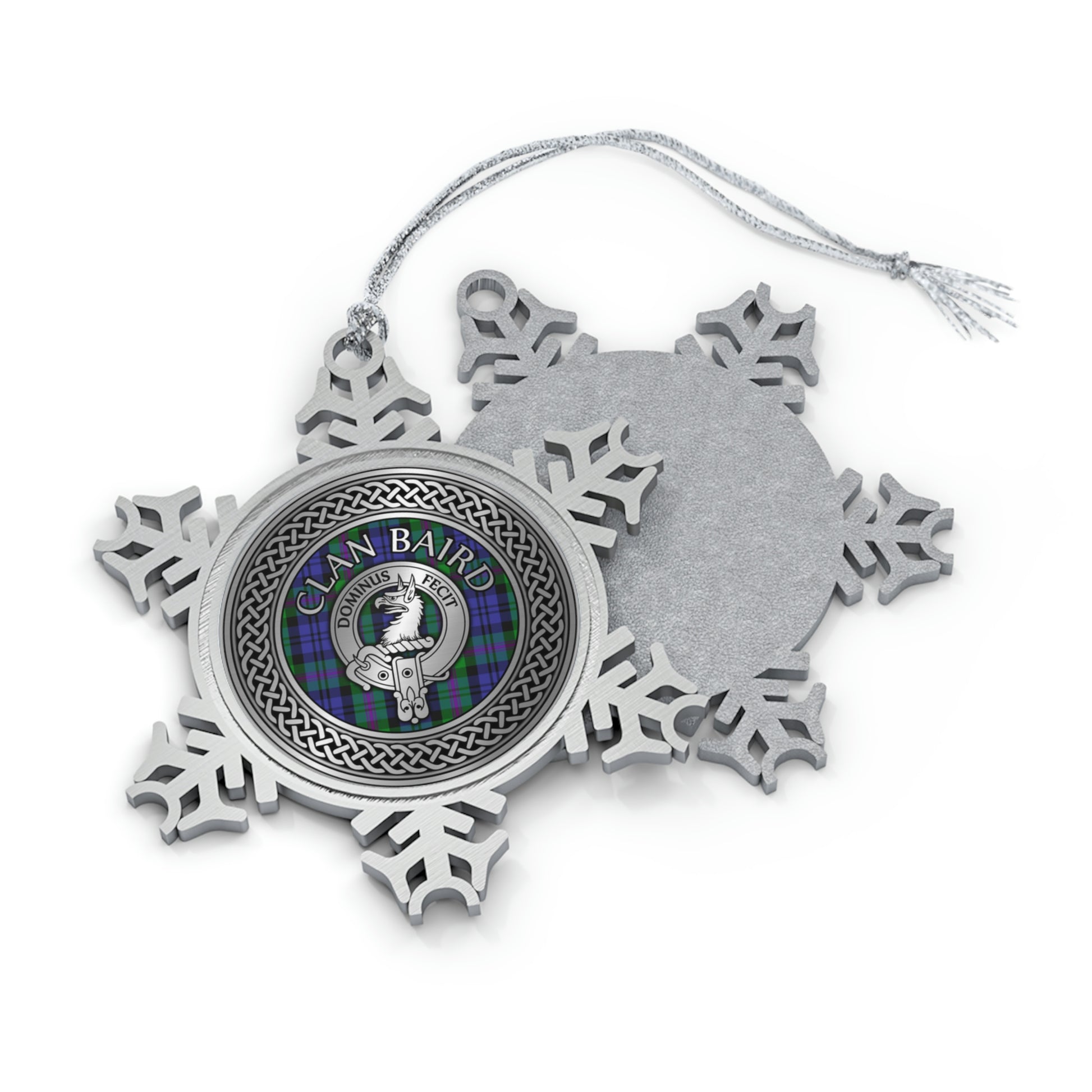 Clan Baird Crest & Tartan Knot Pewter Snowflake Ornament