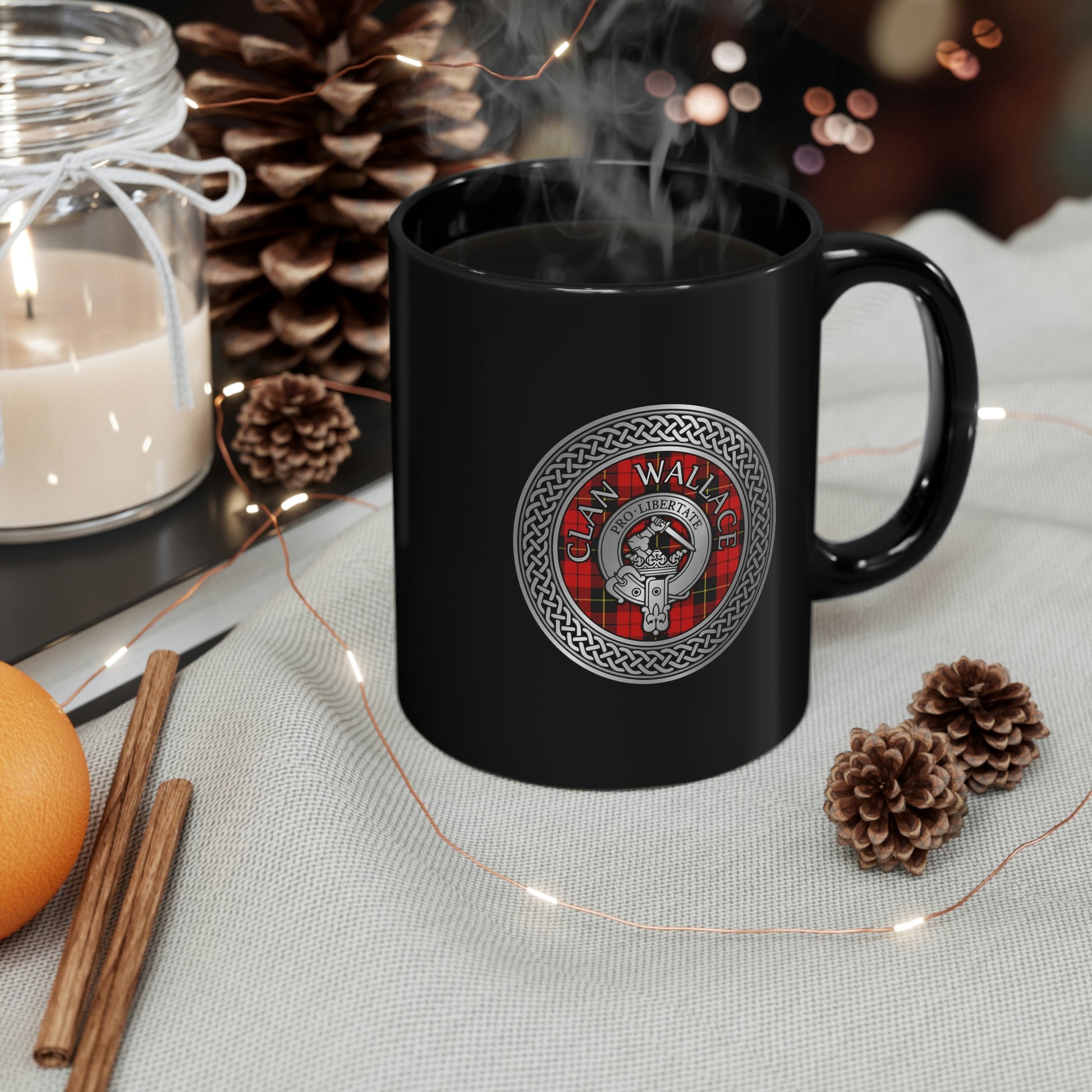 Clan Wallace Crest & Tartan 11oz Black Mug