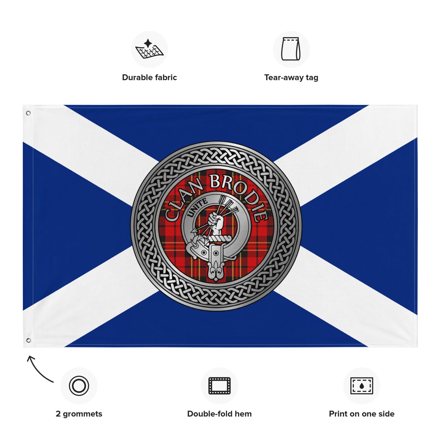 Clan Brodie Crest & Tartan Knot on Scottish Saltire Flag