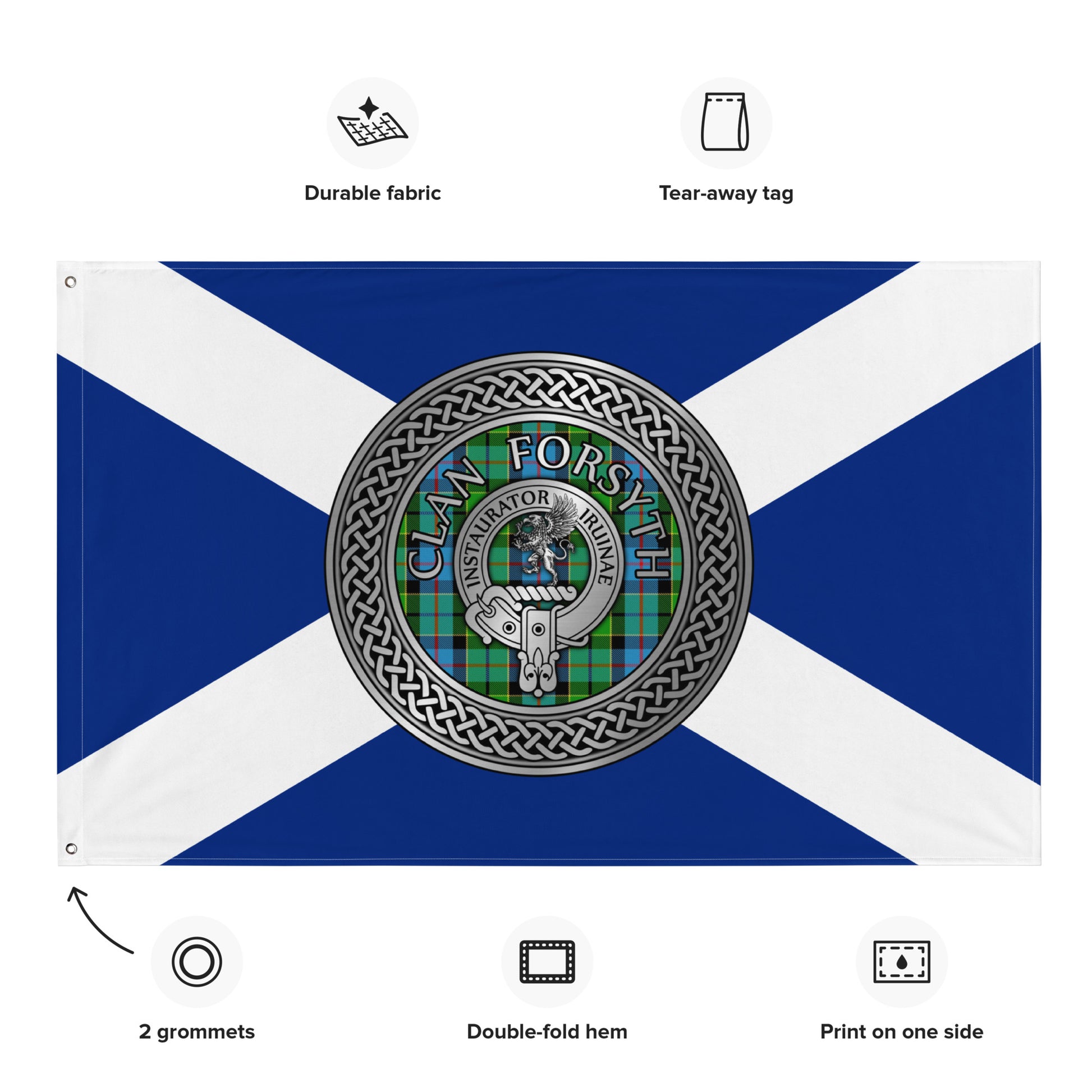 Clan Forsyth Crest & Tartan Knot on Scottish Saltire Flag