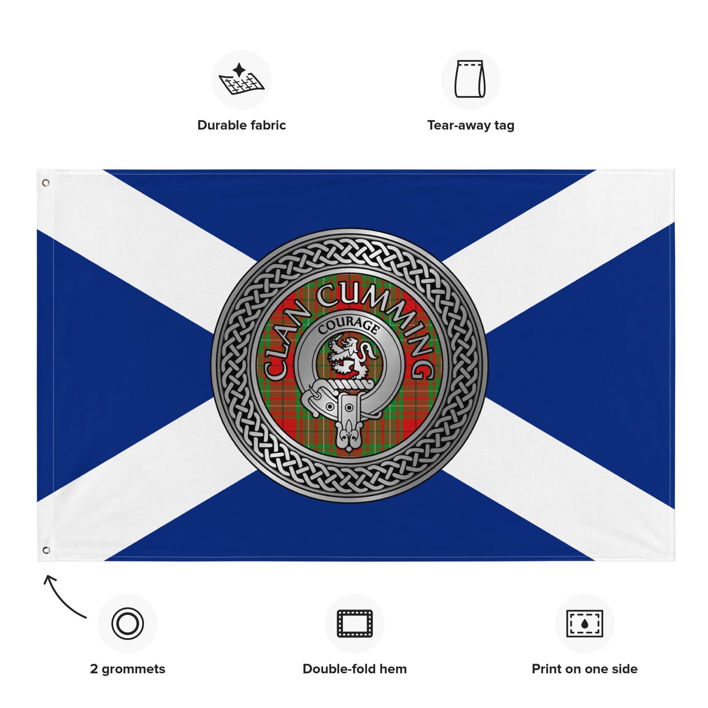 Clan Cumming Crest & Tartan Knot on Scottish Saltire Flag