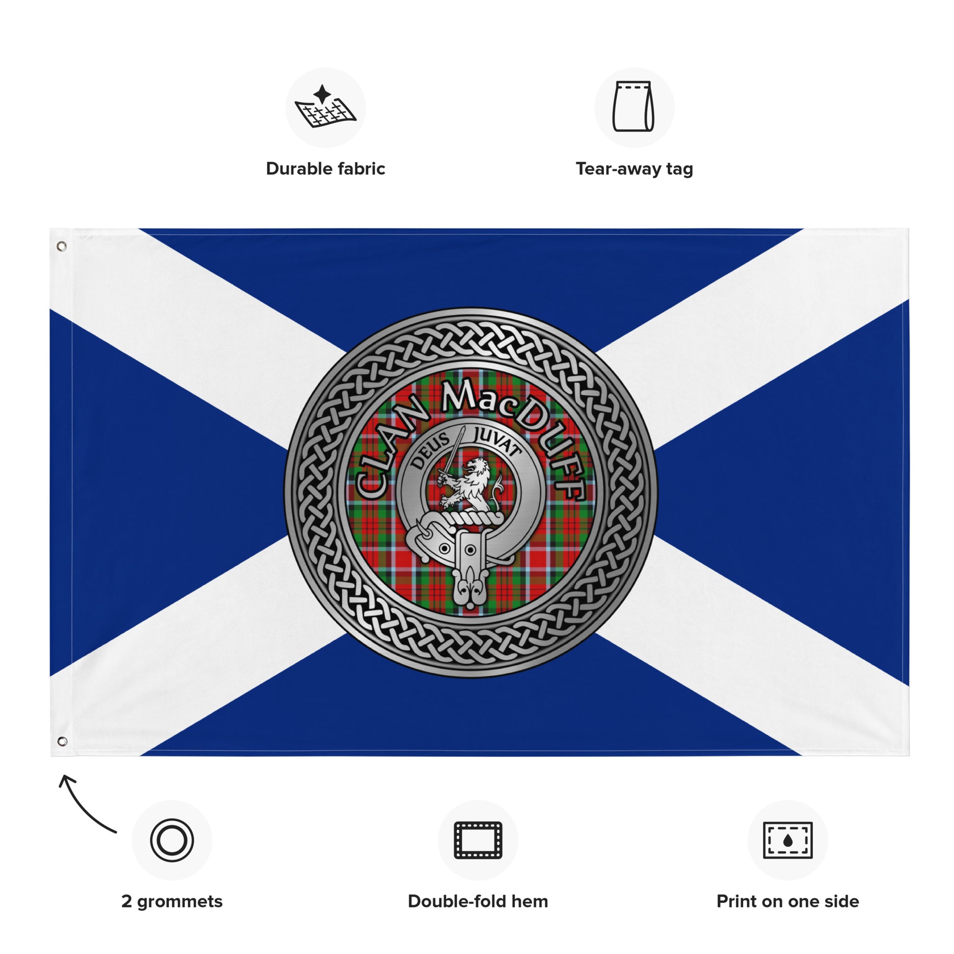 Clan MacDuff Crest & Tartan Knot on Scottish Saltire Flag