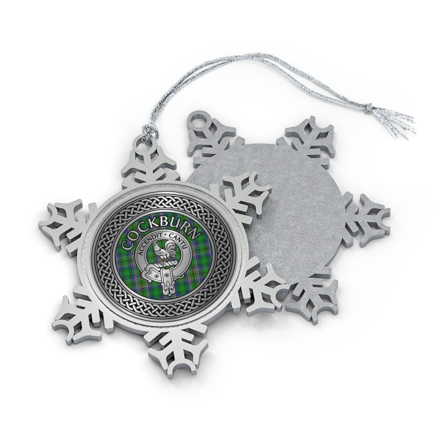 Clan Cockburn Crest & Tartan Knot Pewter Snowflake Ornament