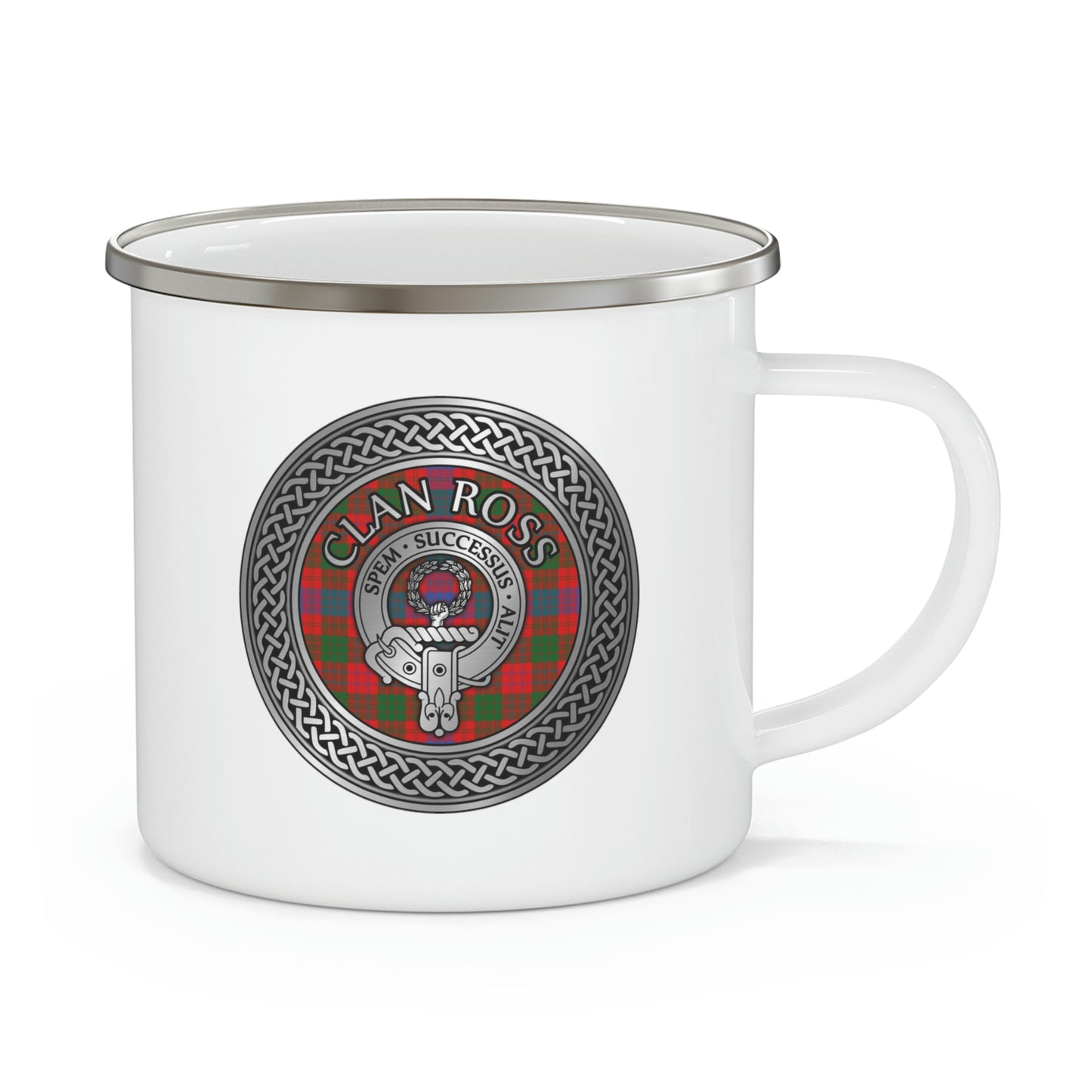 Clan Ross Crest & Tartan Knot Enamel Camping Mug