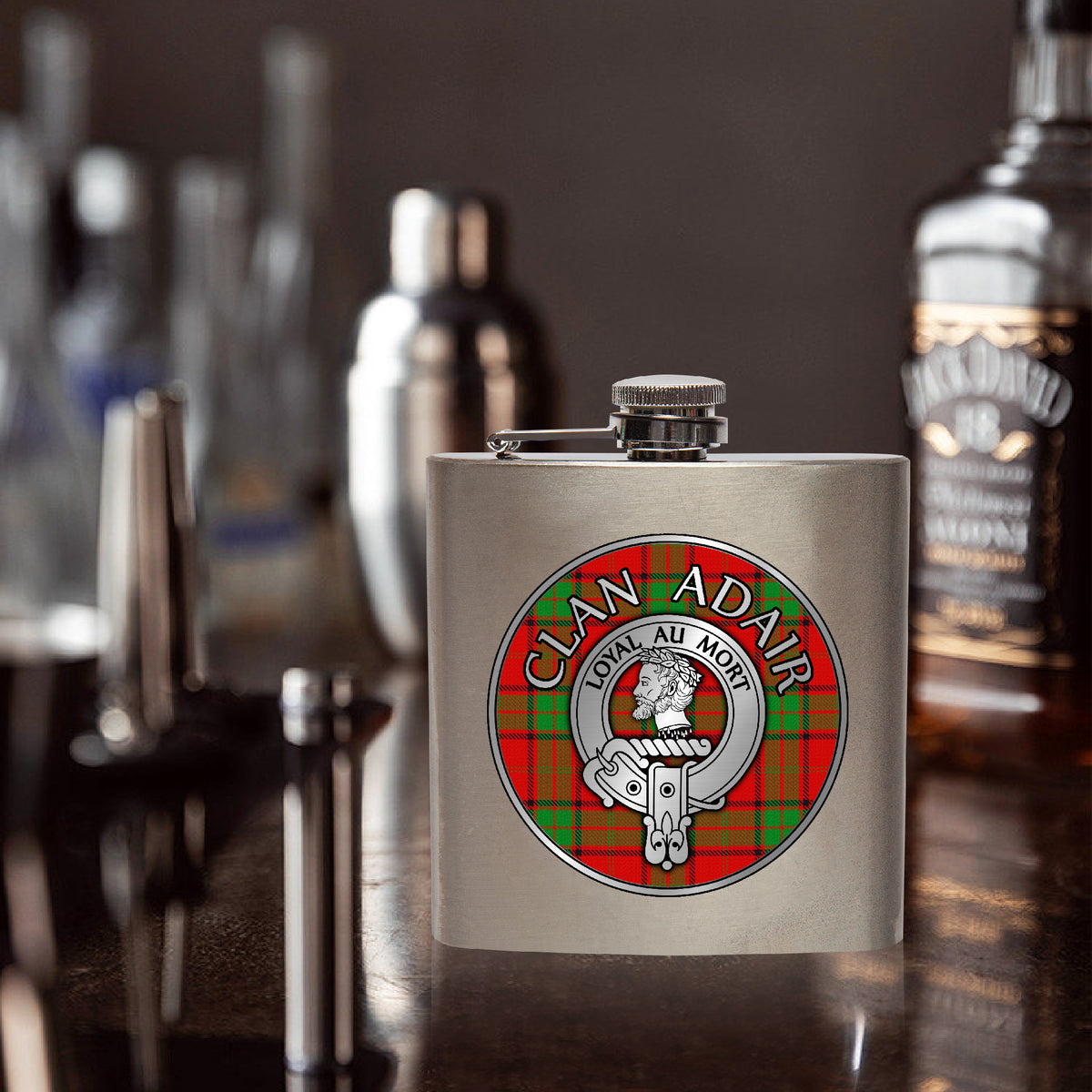 Clan Adair Crest & Tartan 7oz Stainless Steel Hip Flask